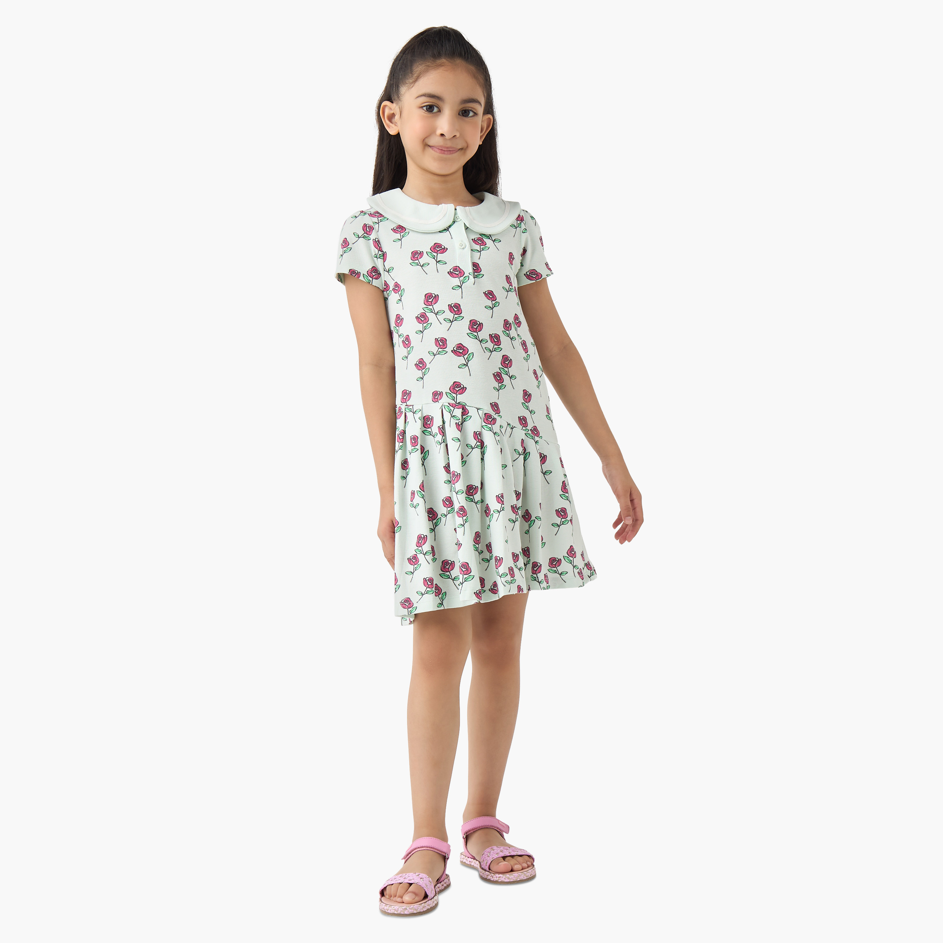 Juniors Peter Pan Collar Short Sleeves A-line Dress with Floral Print-girls-clothing-dressesandjumpsuits-image-2