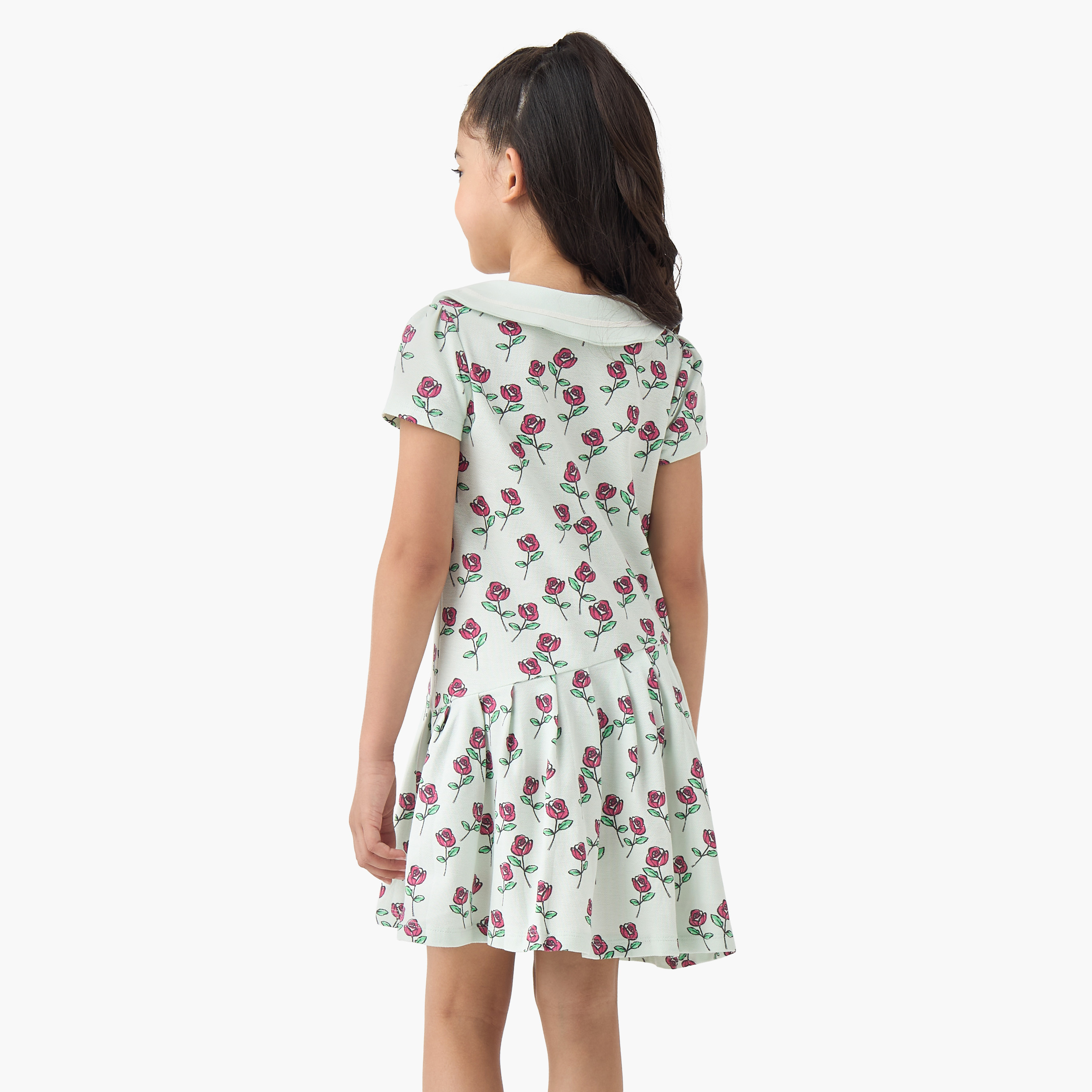 Juniors Peter Pan Collar Short Sleeves A-line Dress with Floral Print-girls-clothing-dressesandjumpsuits-image-3