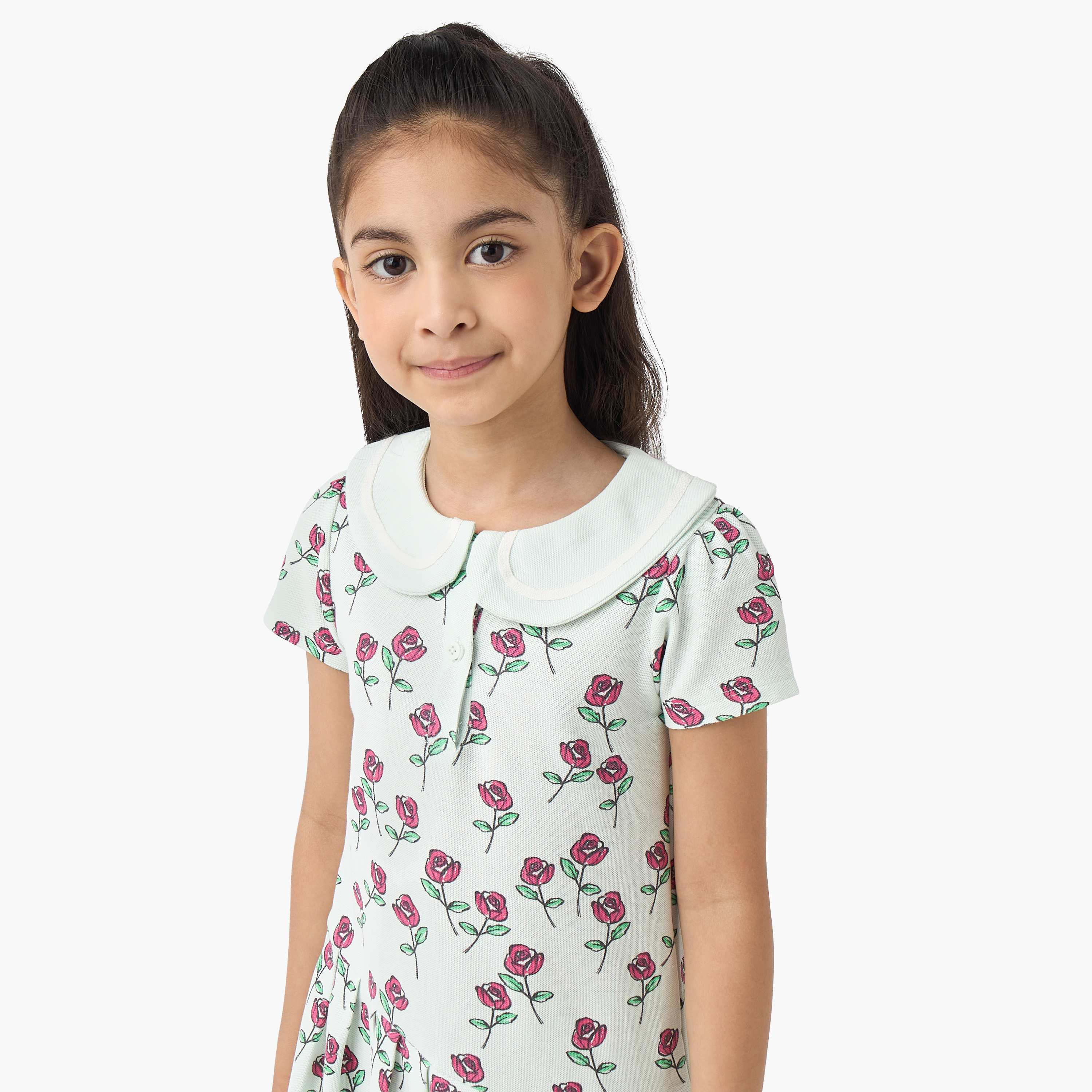 Juniors Peter Pan Collar Short Sleeves A-line Dress with Floral Print-girls-clothing-dressesandjumpsuits-image-4