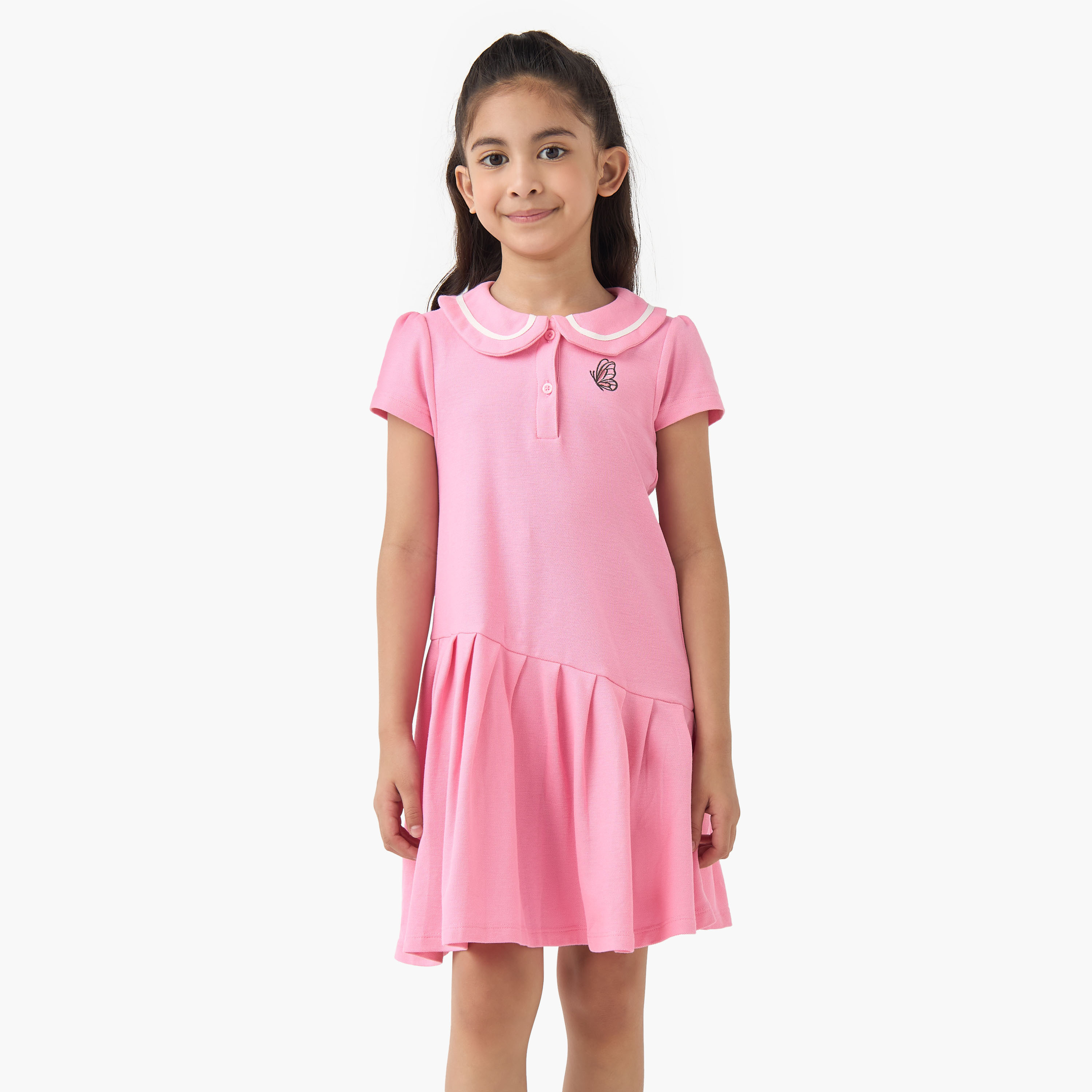 Juniors Peter Pan Collar Short Sleeves Dress with Butterfly Embroidery-girls-clothing-dressesandjumpsuits-image-1