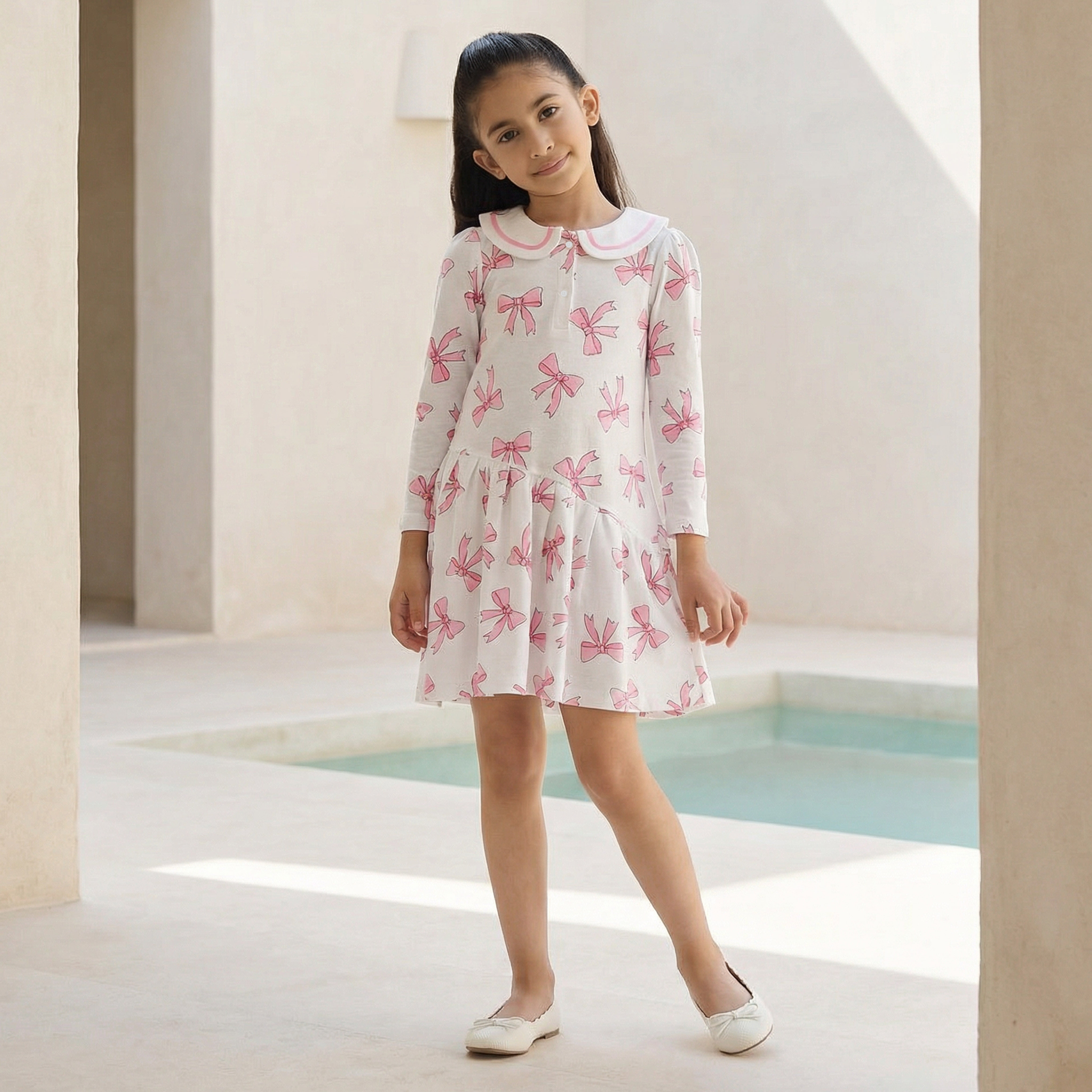 Juniors Peter Pan Collar Long Sleeves Dress with Bow Print-girls-clothing-dressesandjumpsuits-image-1