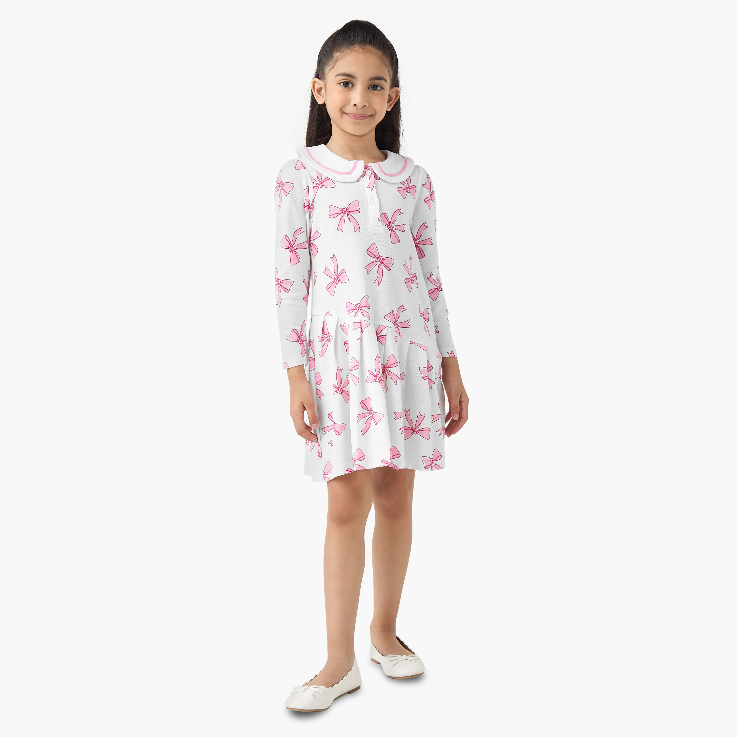 Juniors Peter Pan Collar Long Sleeves Dress with Bow Print-girls-clothing-dressesandjumpsuits-image-2