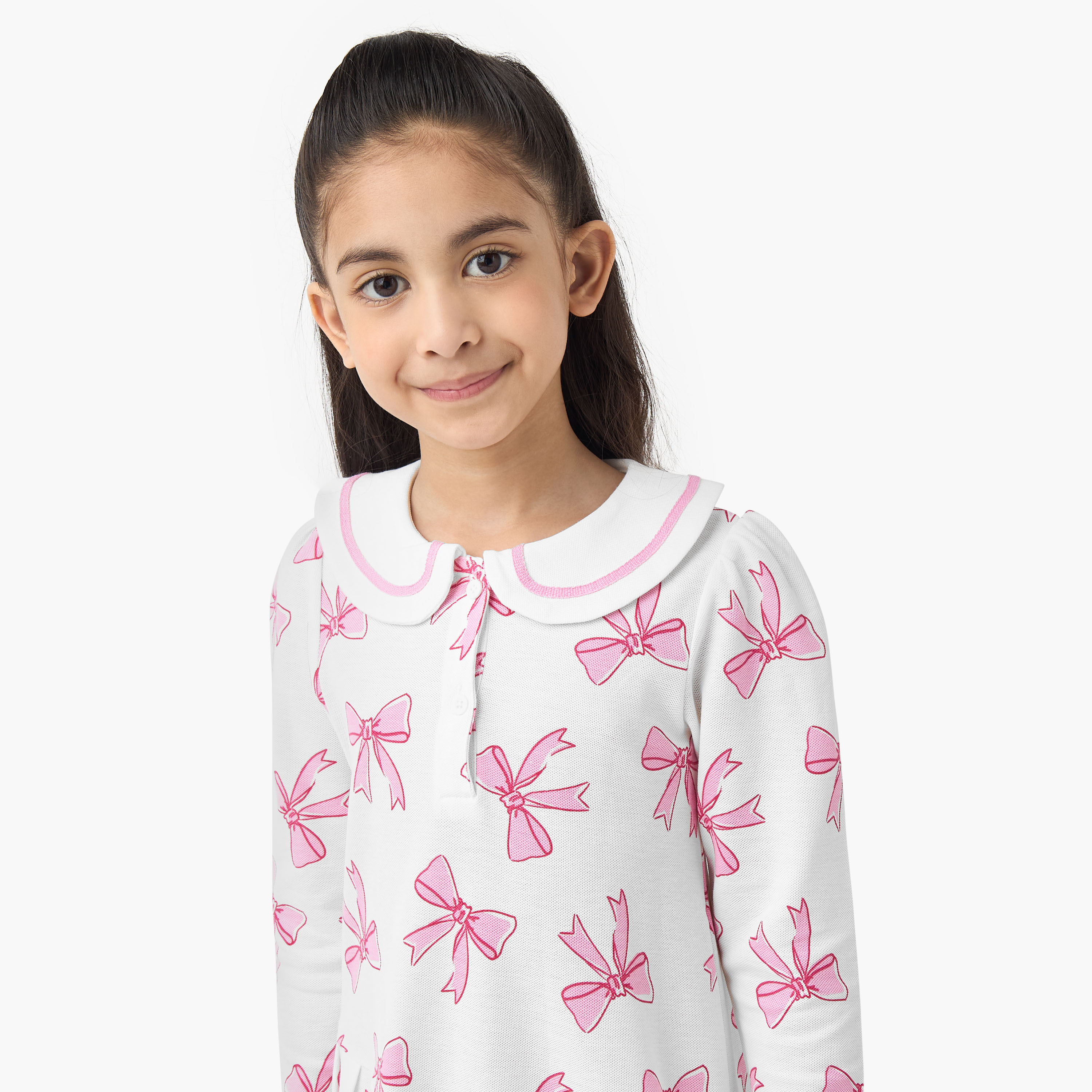Juniors Peter Pan Collar Long Sleeves Dress with Bow Print-girls-clothing-dressesandjumpsuits-image-4