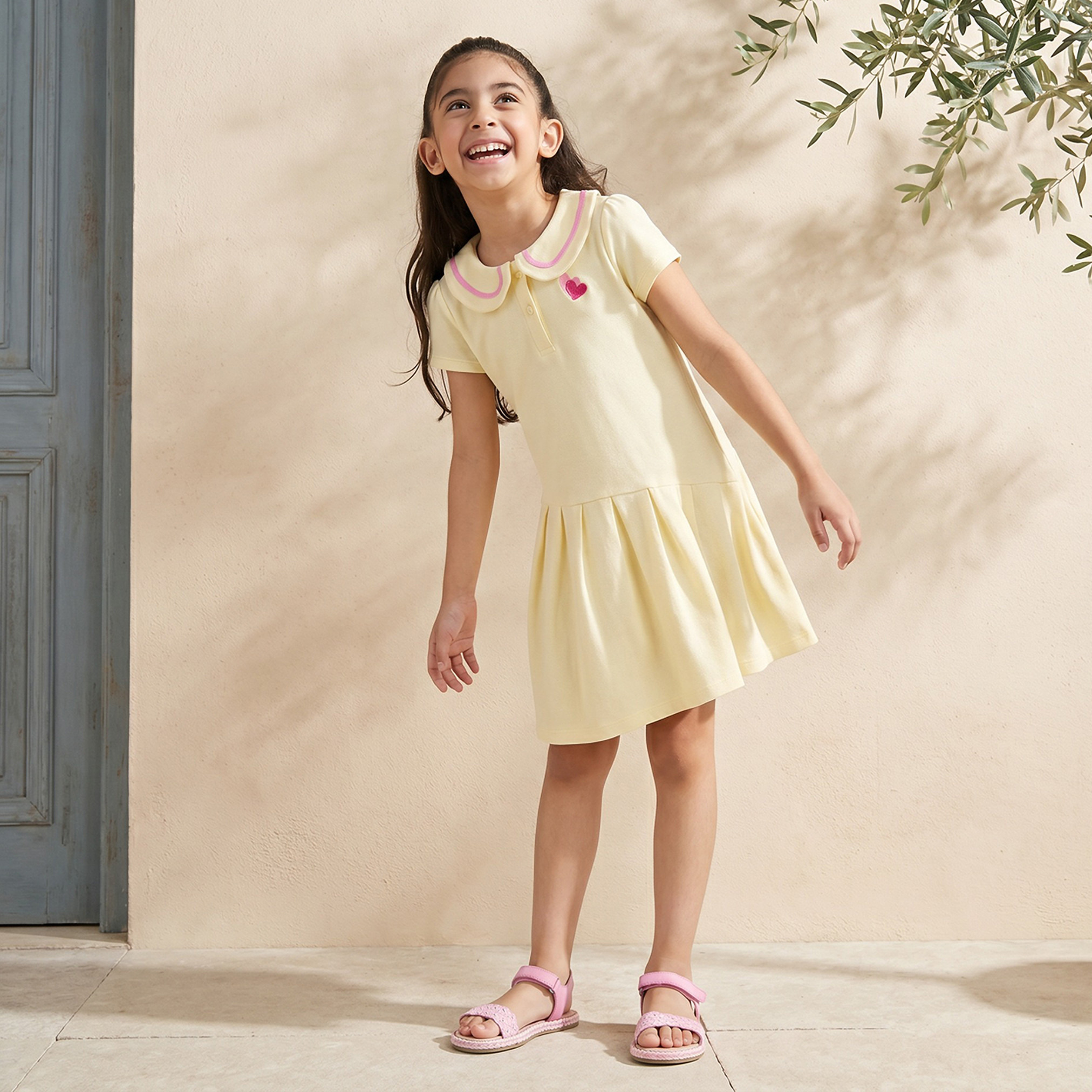 Juniors Peter Pan Collar Short Sleeves Dress with Heart Embroidery-girls-clothing-dressesandjumpsuits-image-1