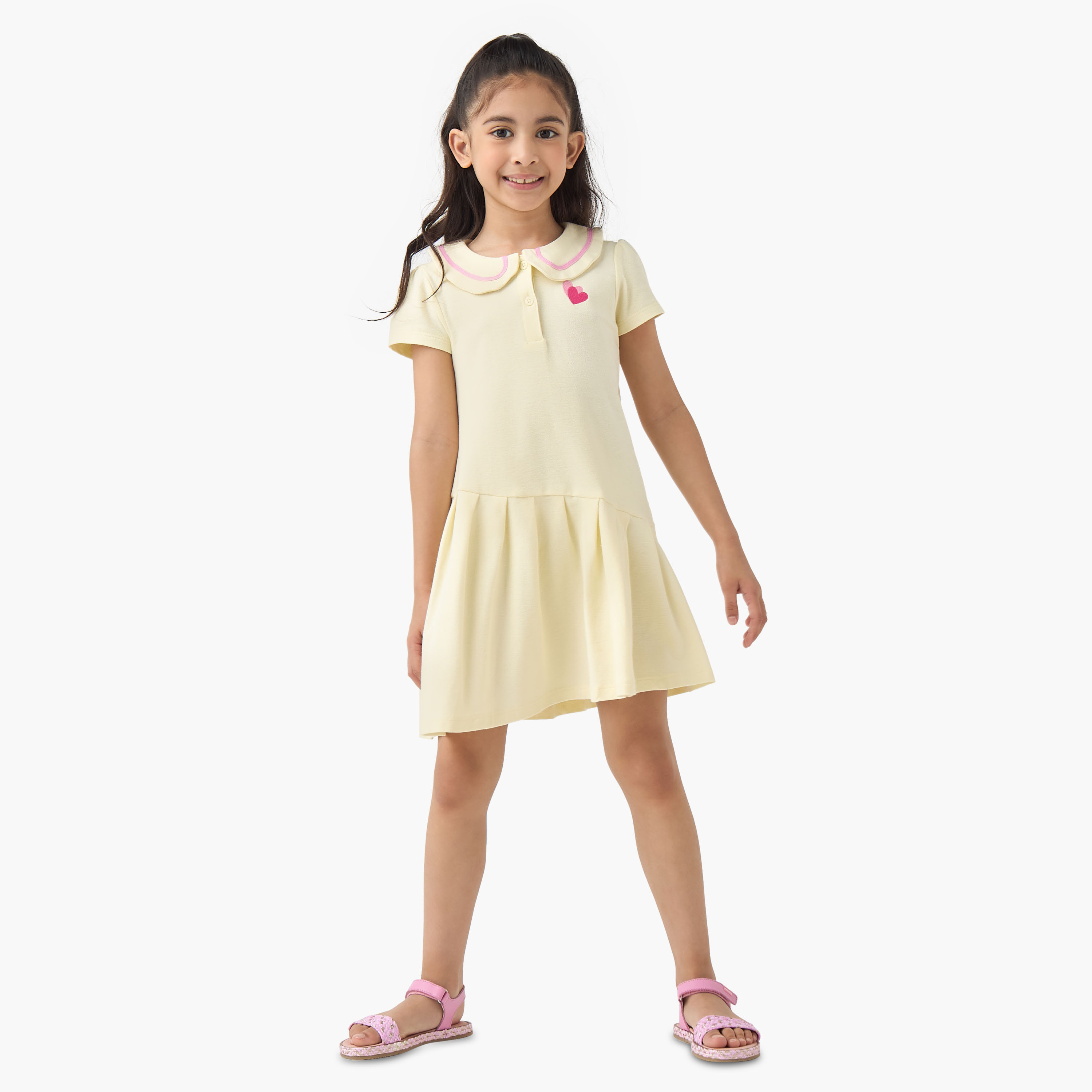 Juniors Peter Pan Collar Short Sleeves Dress with Heart Embroidery-girls-clothing-dressesandjumpsuits-image-2