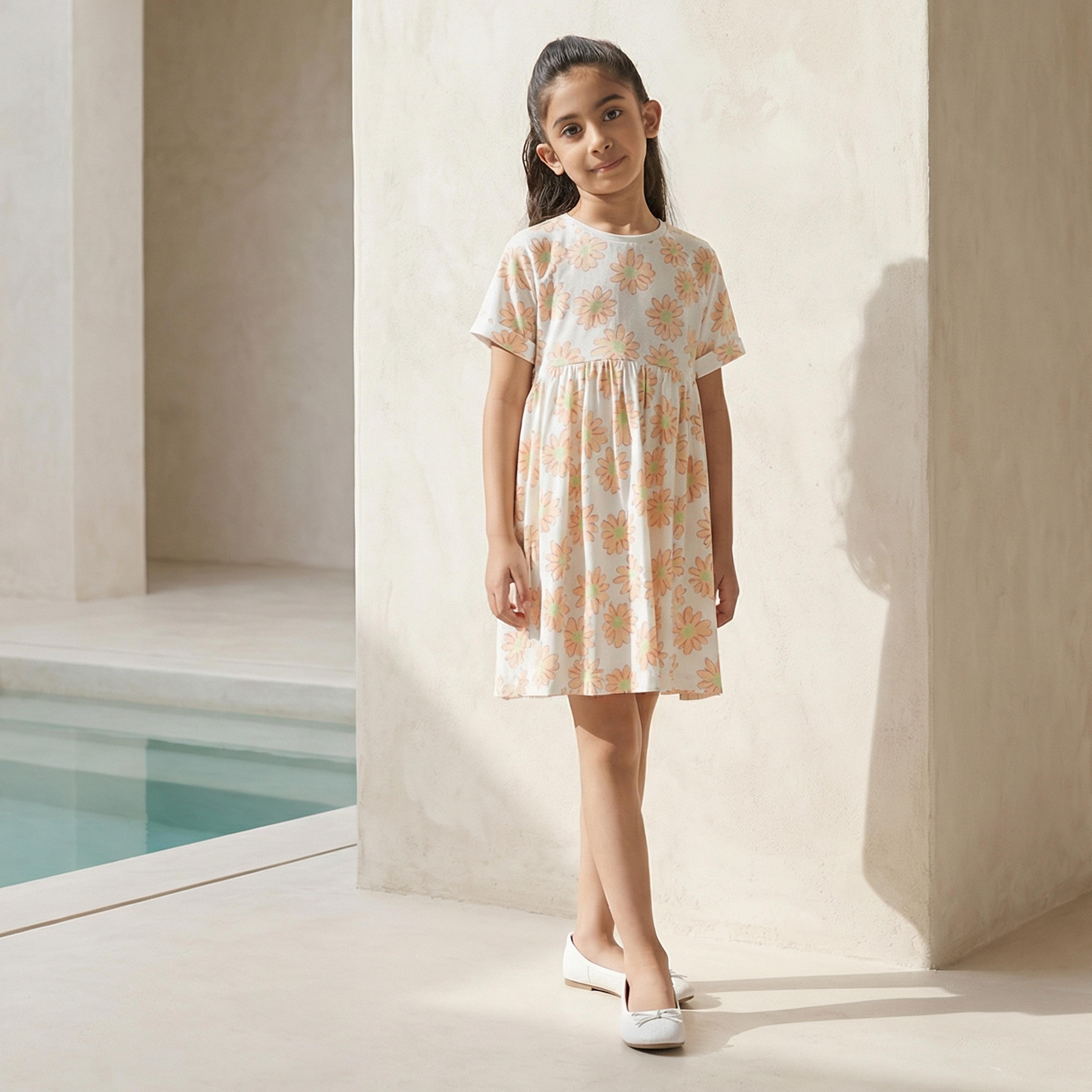 Juniors Round Neck Short Sleeves Skater Dress with Floral Print-girls-clothing-dressesandjumpsuits-image-1