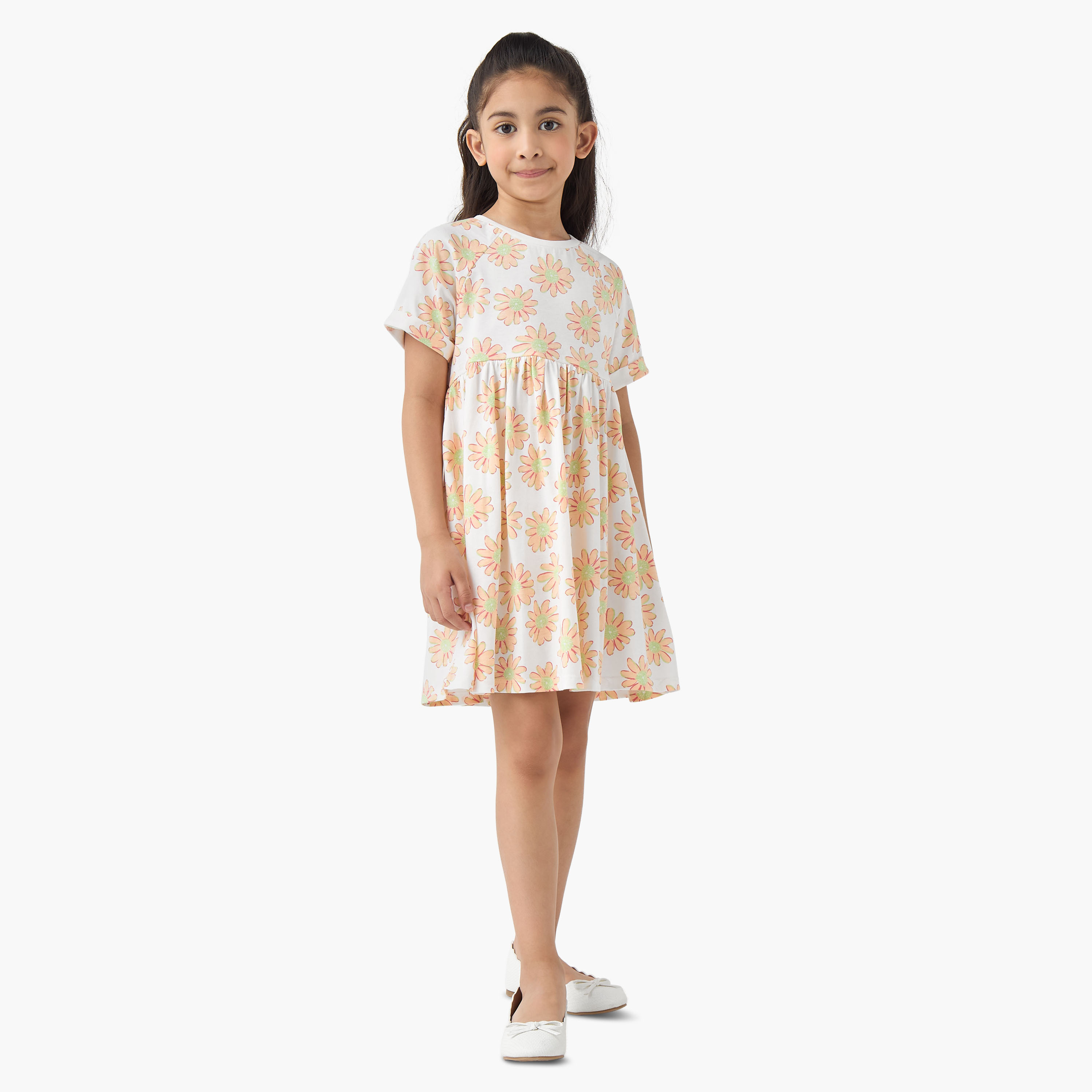 Juniors Round Neck Short Sleeves Skater Dress with Floral Print-girls-clothing-dressesandjumpsuits-image-2