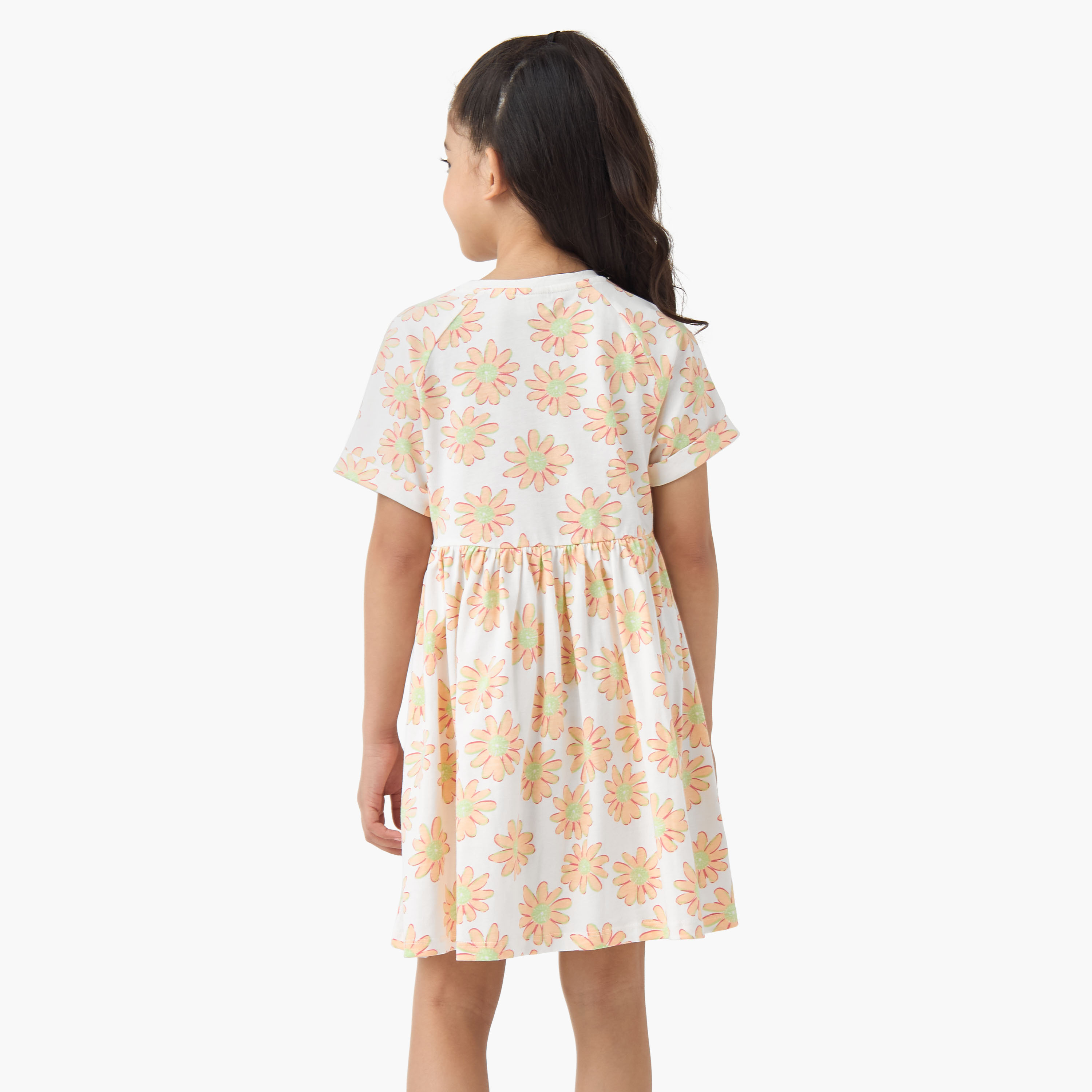 Juniors Round Neck Short Sleeves Skater Dress with Floral Print-girls-clothing-dressesandjumpsuits-image-3