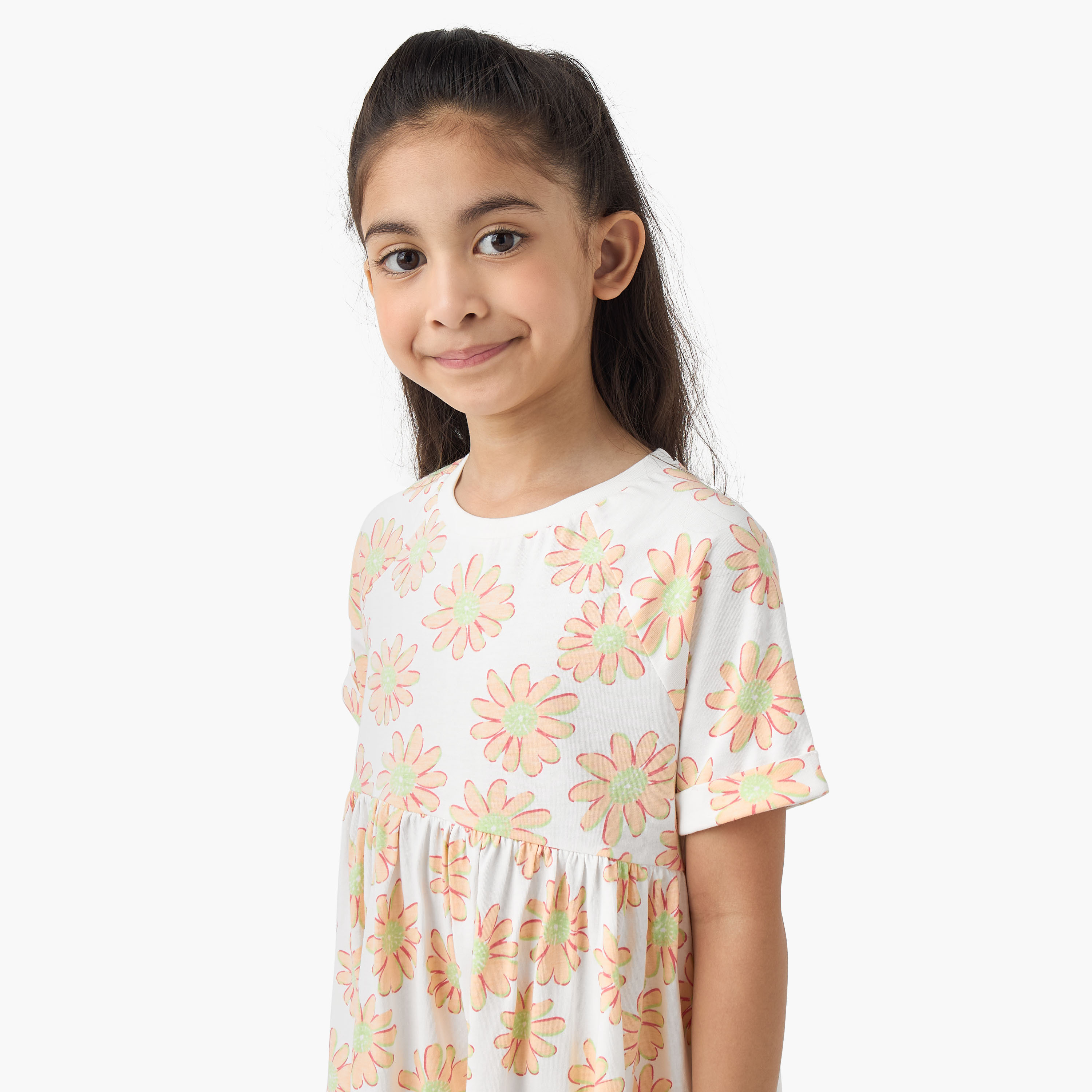 Juniors Round Neck Short Sleeves Skater Dress with Floral Print-girls-clothing-dressesandjumpsuits-image-4