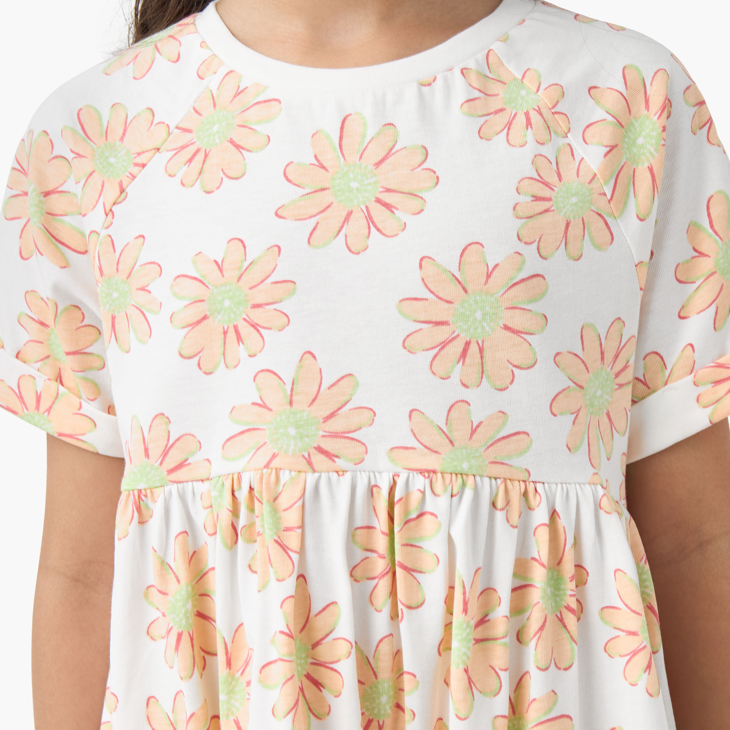 Juniors Round Neck Short Sleeves Skater Dress with Floral Print-girls-clothing-dressesandjumpsuits-image-5
