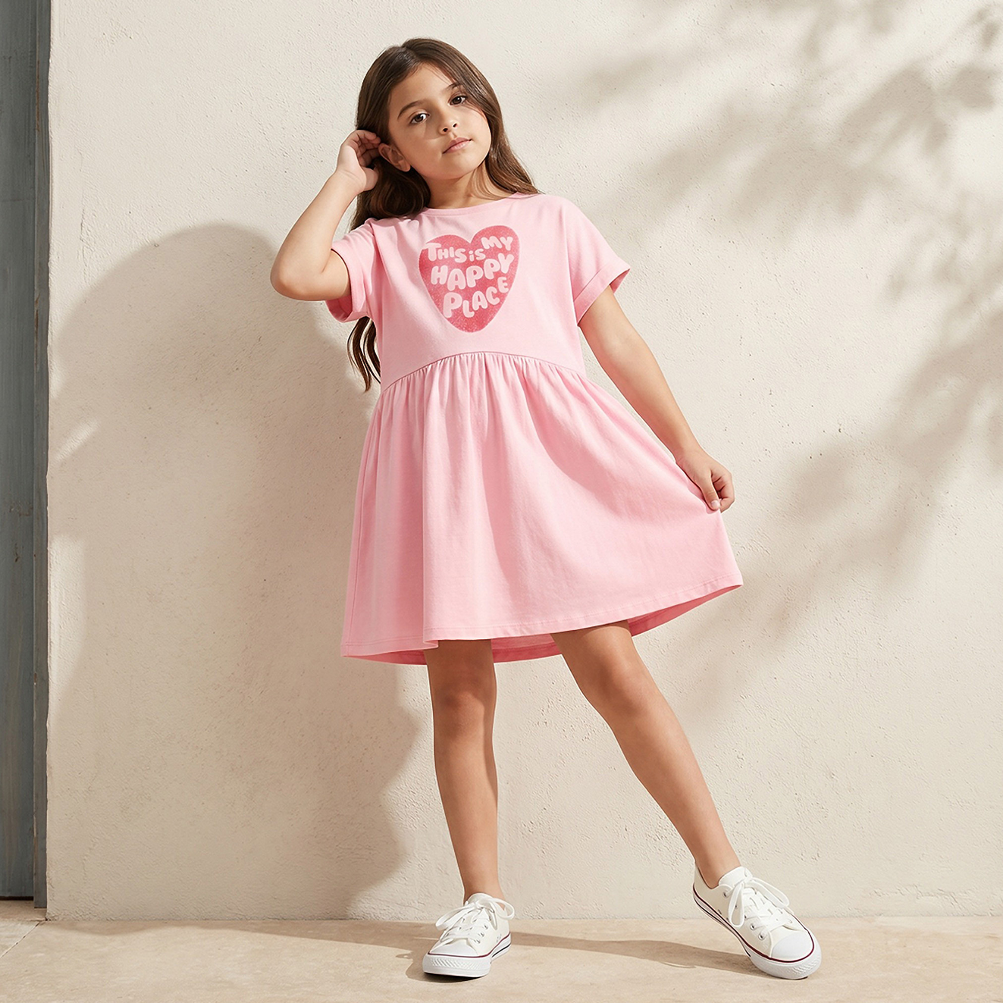 Juniors Round Neck Short Sleeves Midi Skater Dress with Glitter Slogan Print-girls-clothing-dressesandjumpsuits-image-1