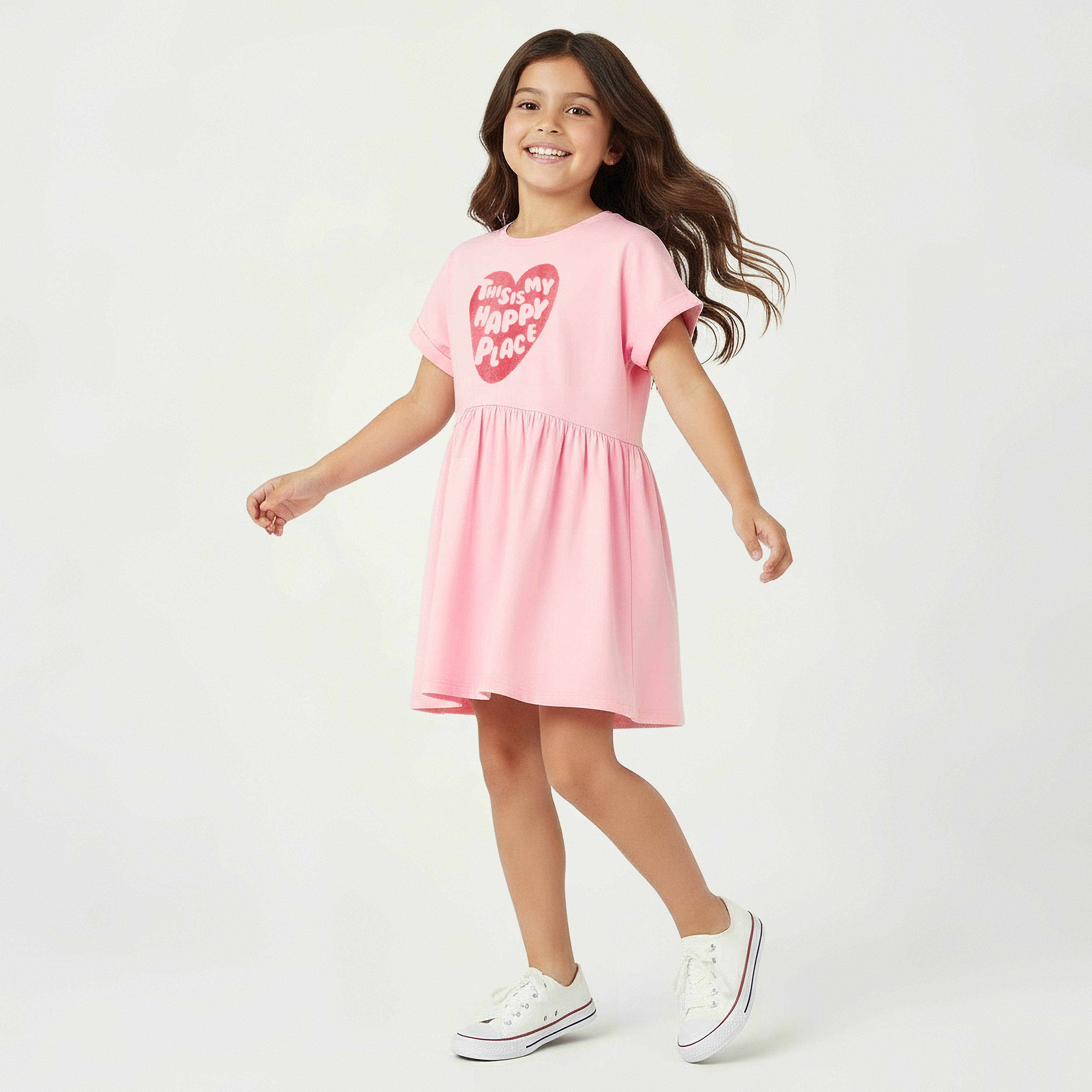 Juniors Round Neck Short Sleeves Midi Skater Dress with Glitter Slogan Print-girls-clothing-dressesandjumpsuits-image-2