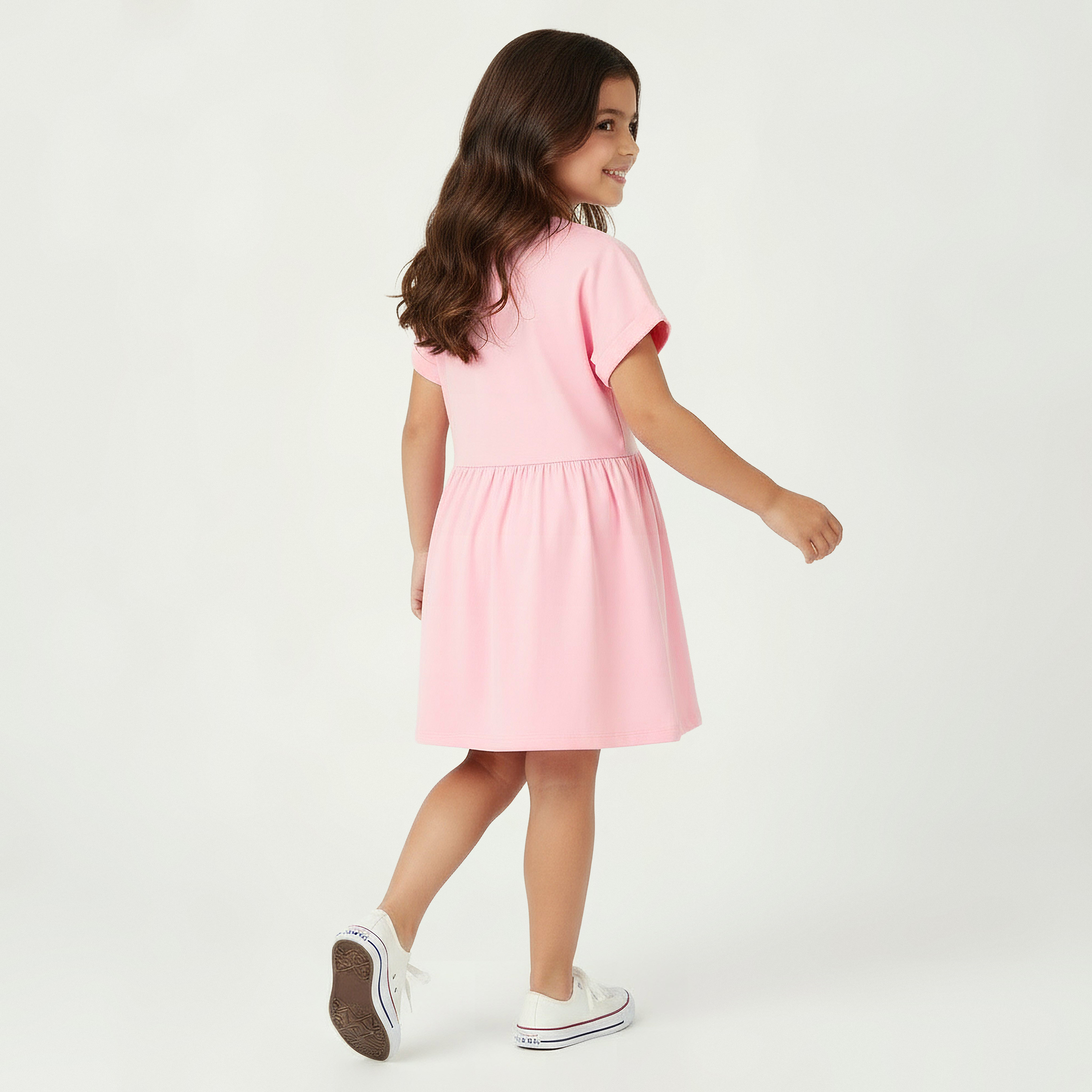 Juniors Round Neck Short Sleeves Midi Skater Dress with Glitter Slogan Print-girls-clothing-dressesandjumpsuits-image-3