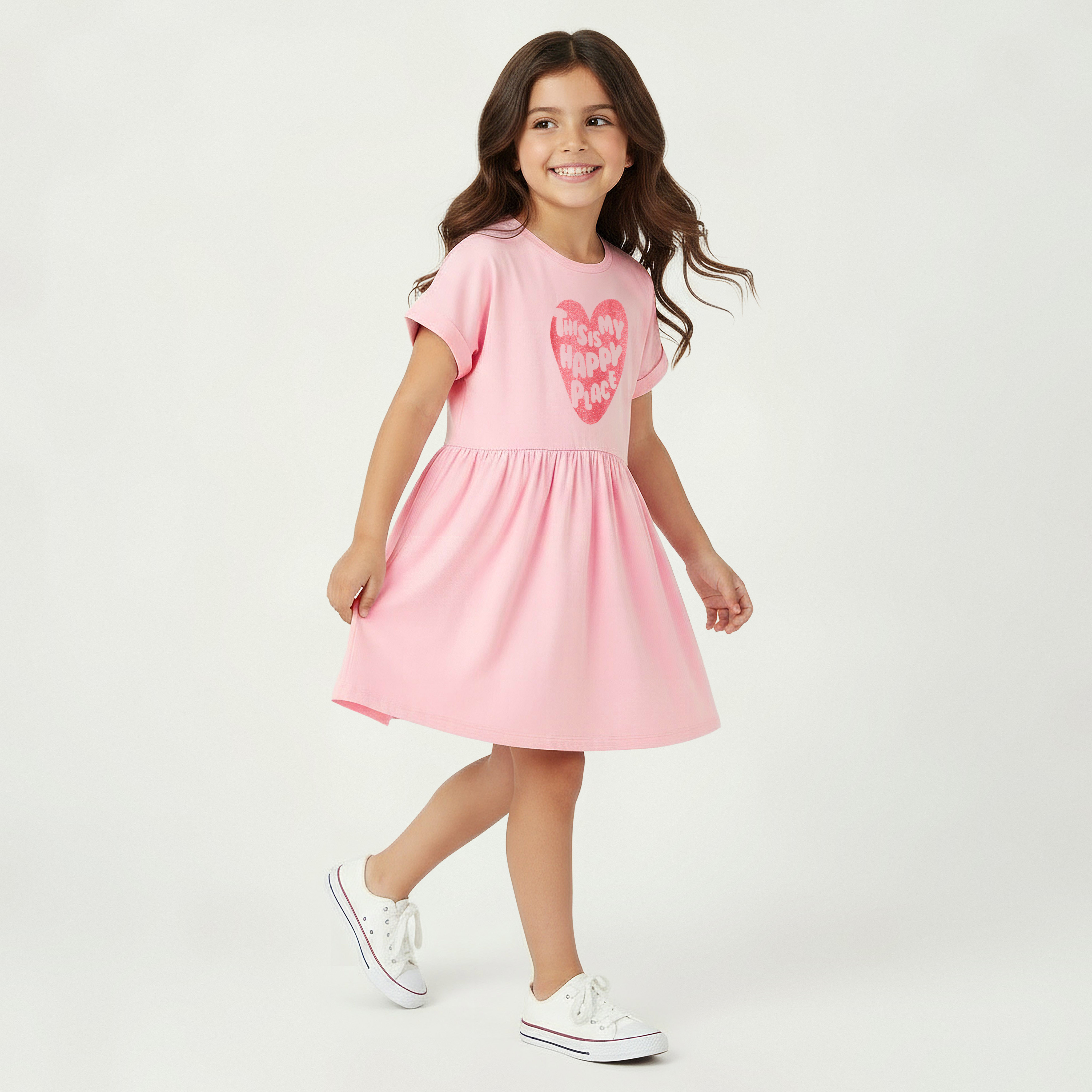 Juniors Round Neck Short Sleeves Midi Skater Dress with Glitter Slogan Print-girls-clothing-dressesandjumpsuits-image-5