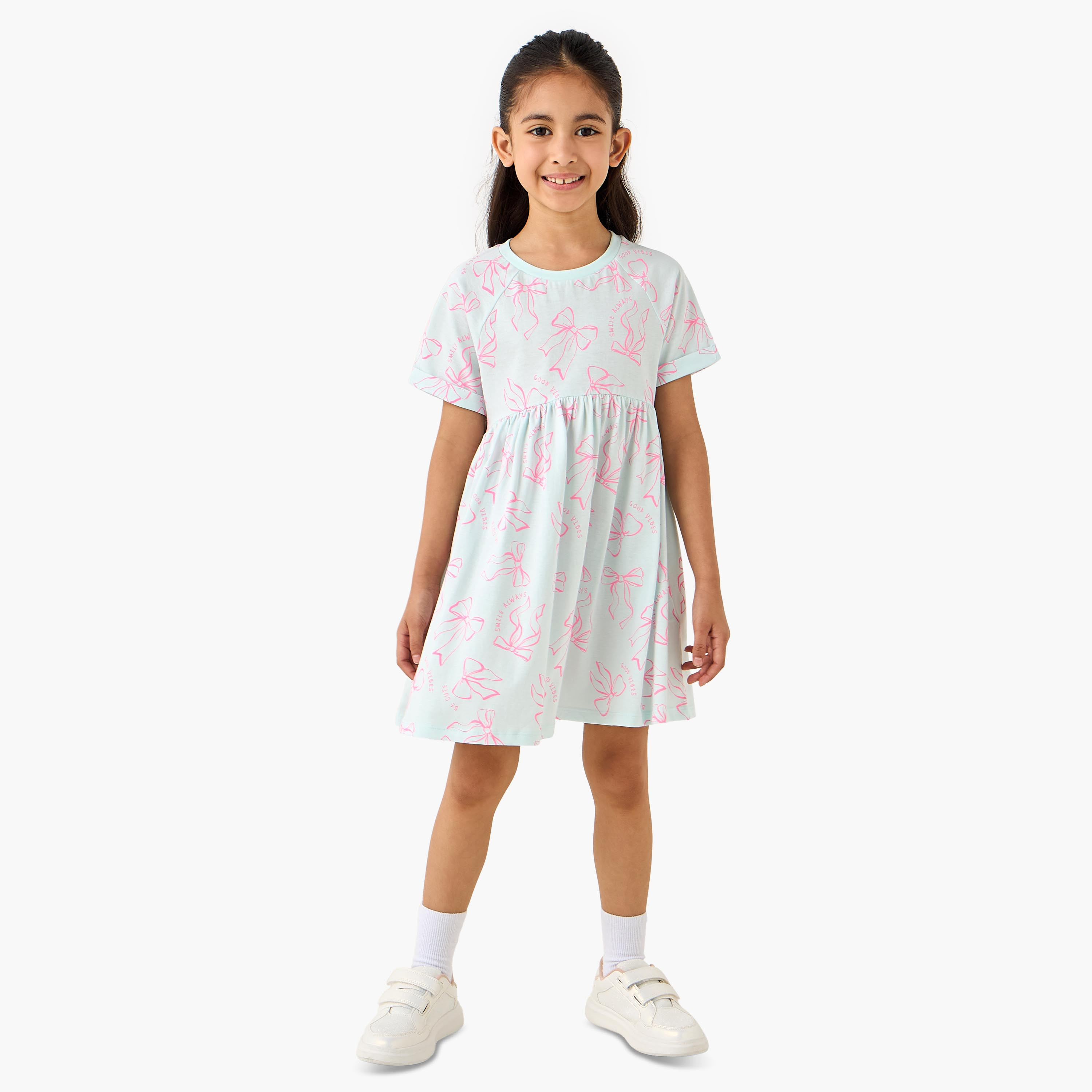 فستان بطبعات فيونكة وياقة مستديرة وأكمام قصيرة من جونيورز-girls-clothing-dressesandjumpsuits-image-2