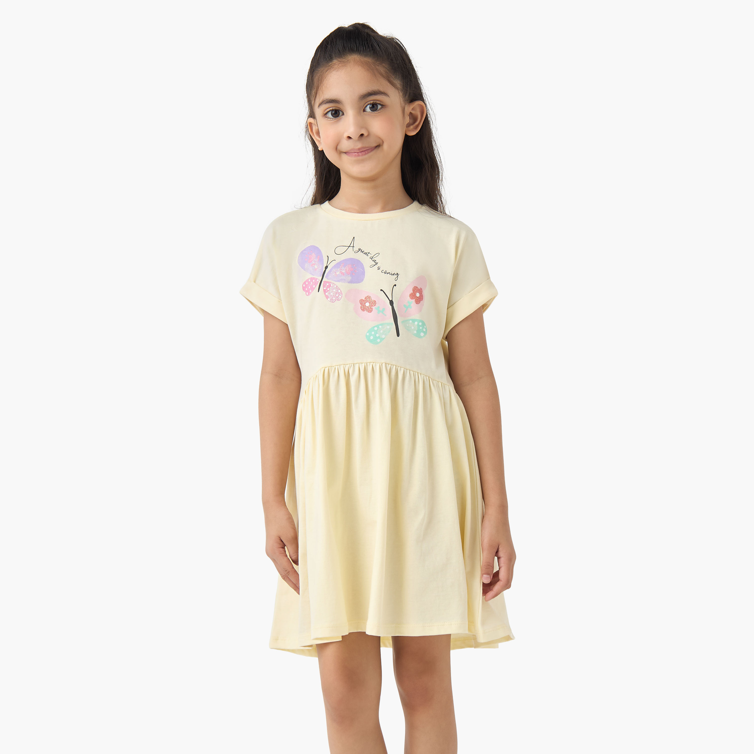 فستان بقصّة إيه لاين وياقة مستديرة وأكمام قصيرة بطبعات فراشة من جونيورز-girls-clothing-dressesandjumpsuits-image-6