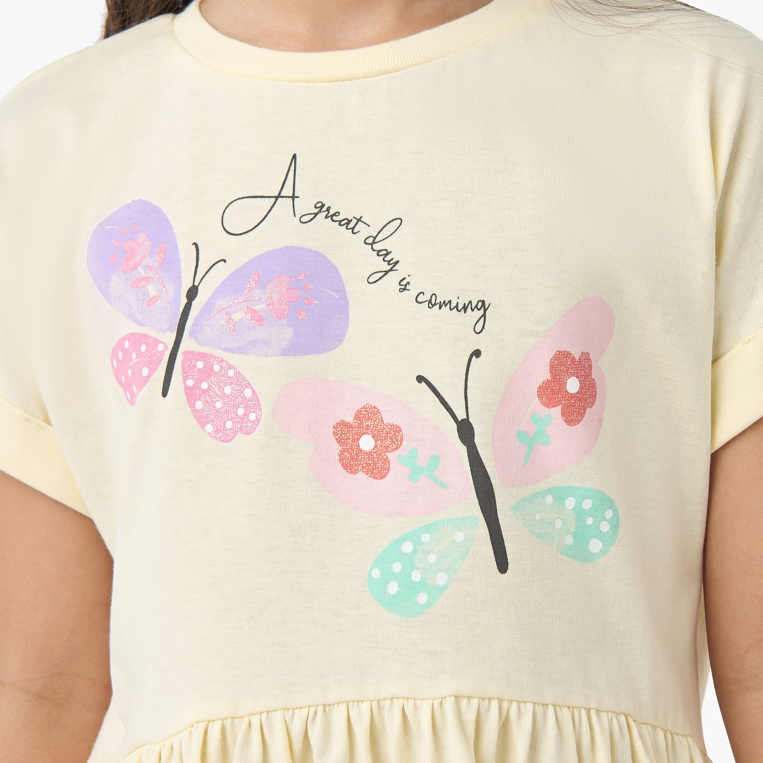 فستان بقصّة إيه لاين وياقة مستديرة وأكمام قصيرة بطبعات فراشة من جونيورز-girls-clothing-dressesandjumpsuits-image-2