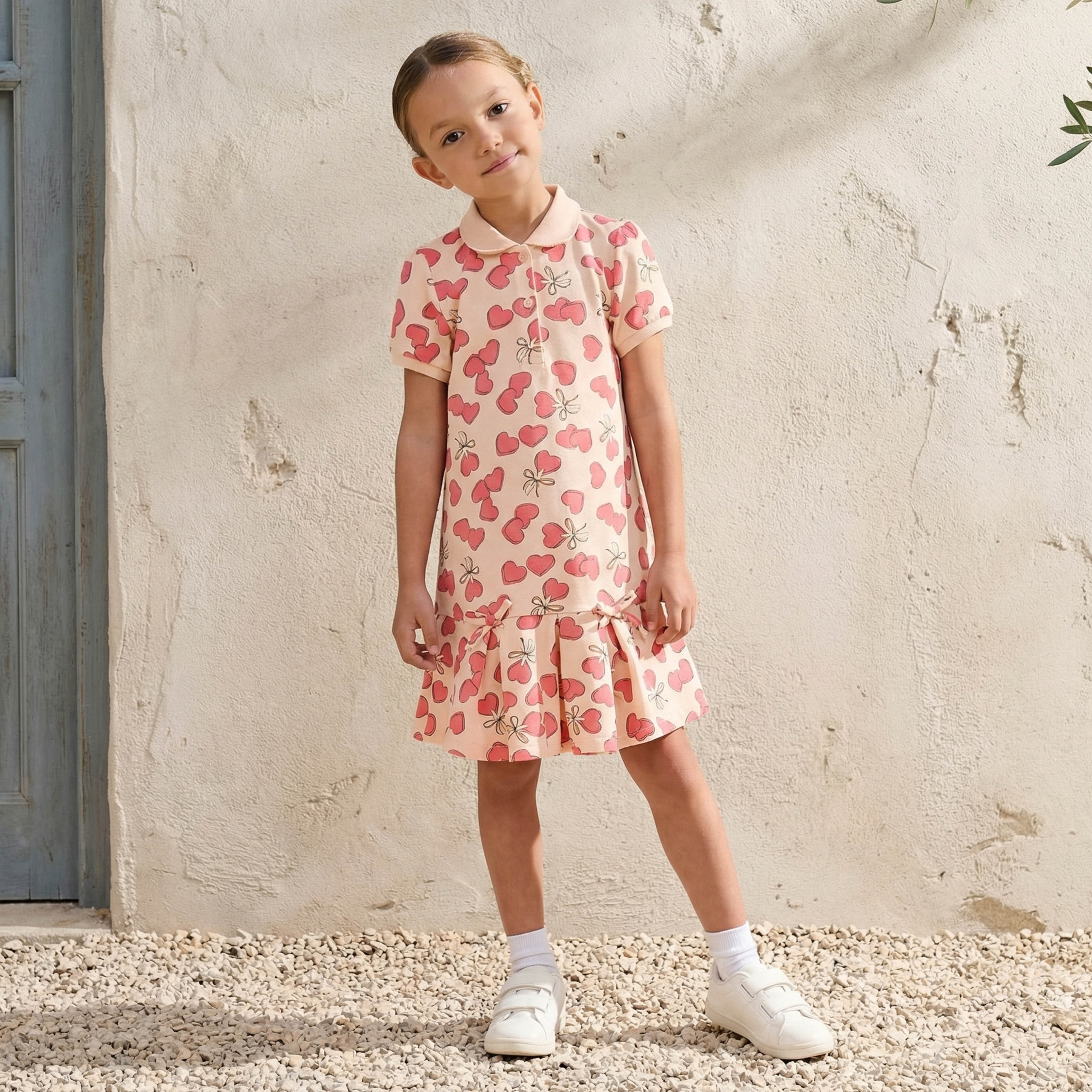 Juniors Collared Short Sleeves Drop Waist Dress with Heart Print-girls-clothing-dressesandjumpsuits-image-1