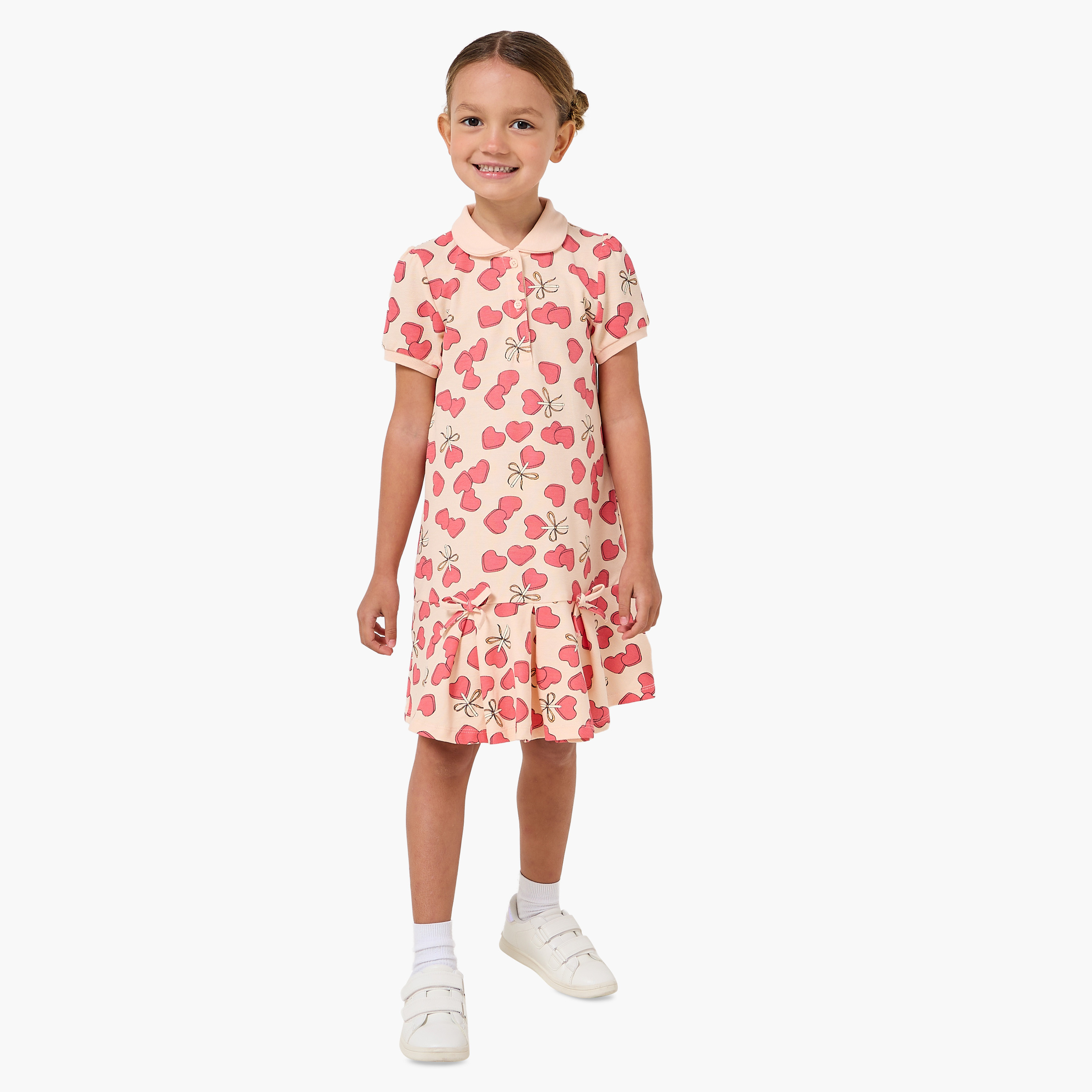 Juniors Collared Short Sleeves Drop Waist Dress with Heart Print-girls-clothing-dressesandjumpsuits-image-2
