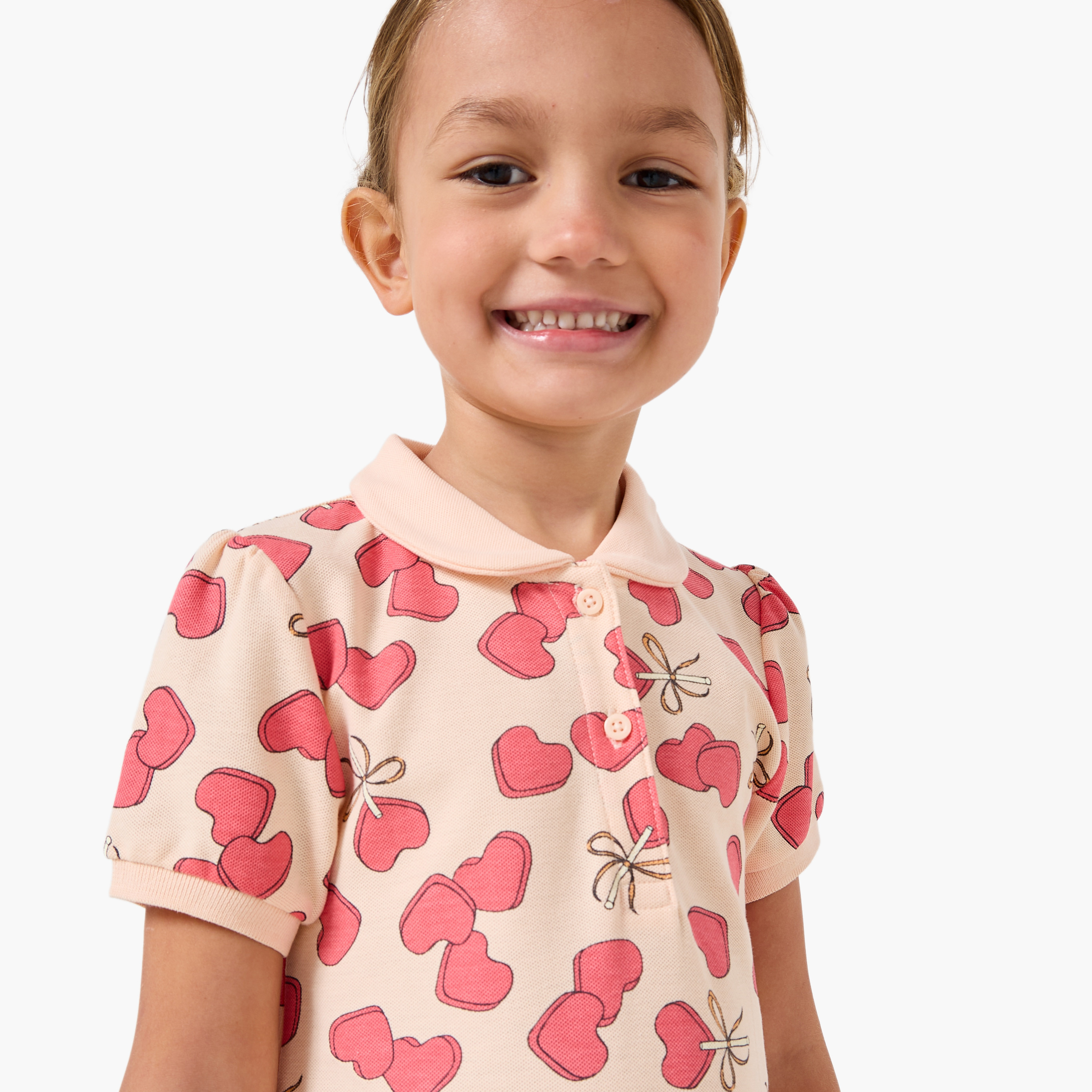 Juniors Collared Short Sleeves Drop Waist Dress with Heart Print-girls-clothing-dressesandjumpsuits-image-4