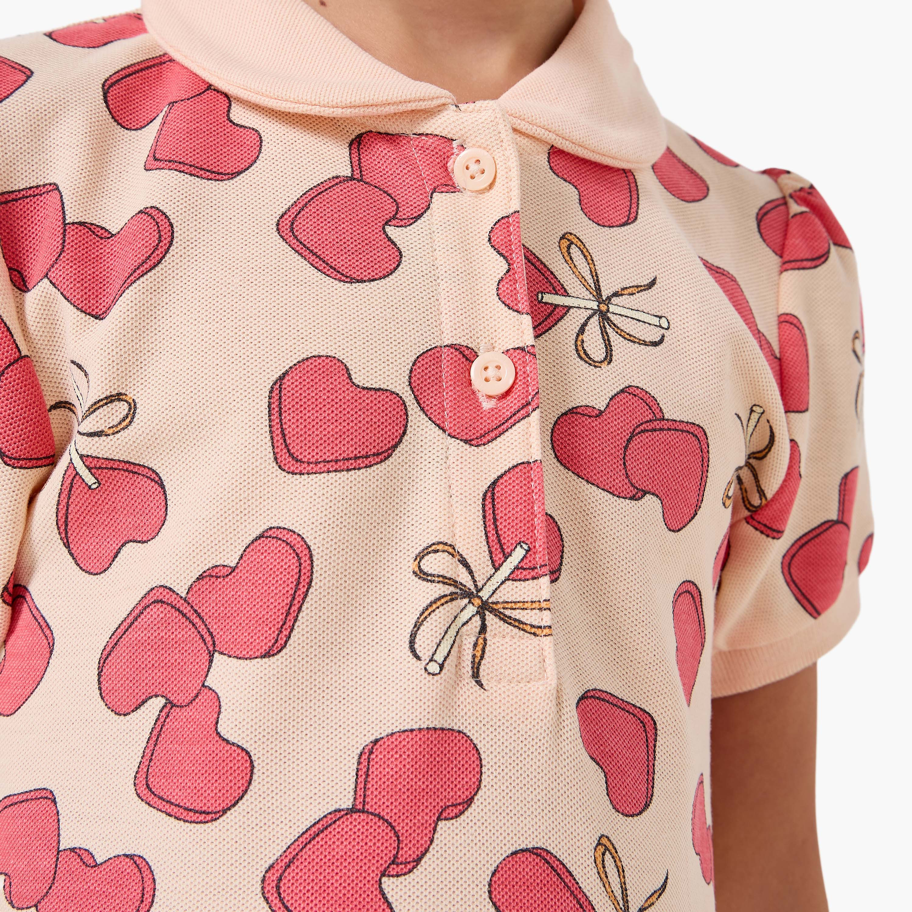 Juniors Collared Short Sleeves Drop Waist Dress with Heart Print-girls-clothing-dressesandjumpsuits-image-5