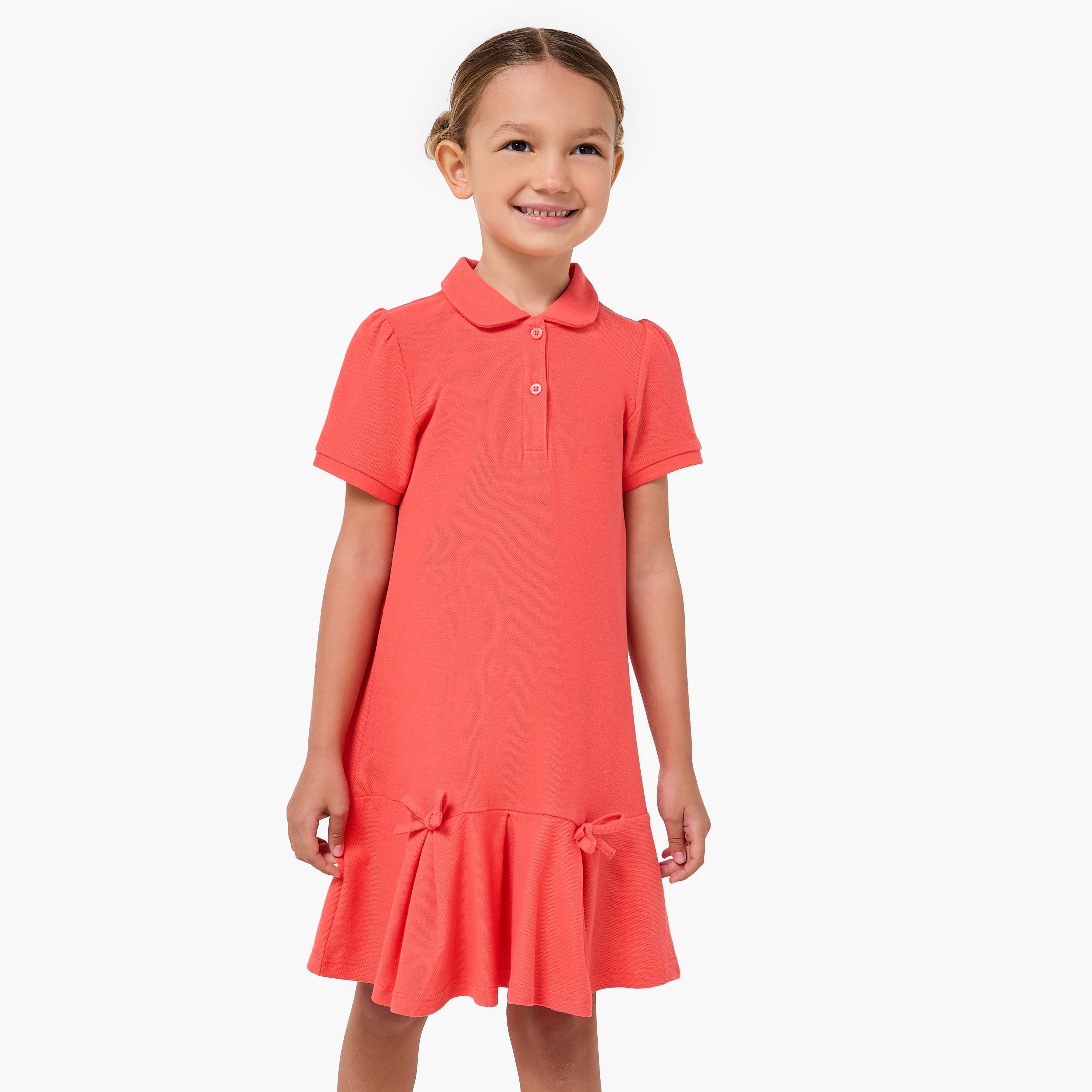 Juniors Collared Short Sleeves Drop Waist Dress with Bow Accent-girls-clothing-dressesandjumpsuits-image-1
