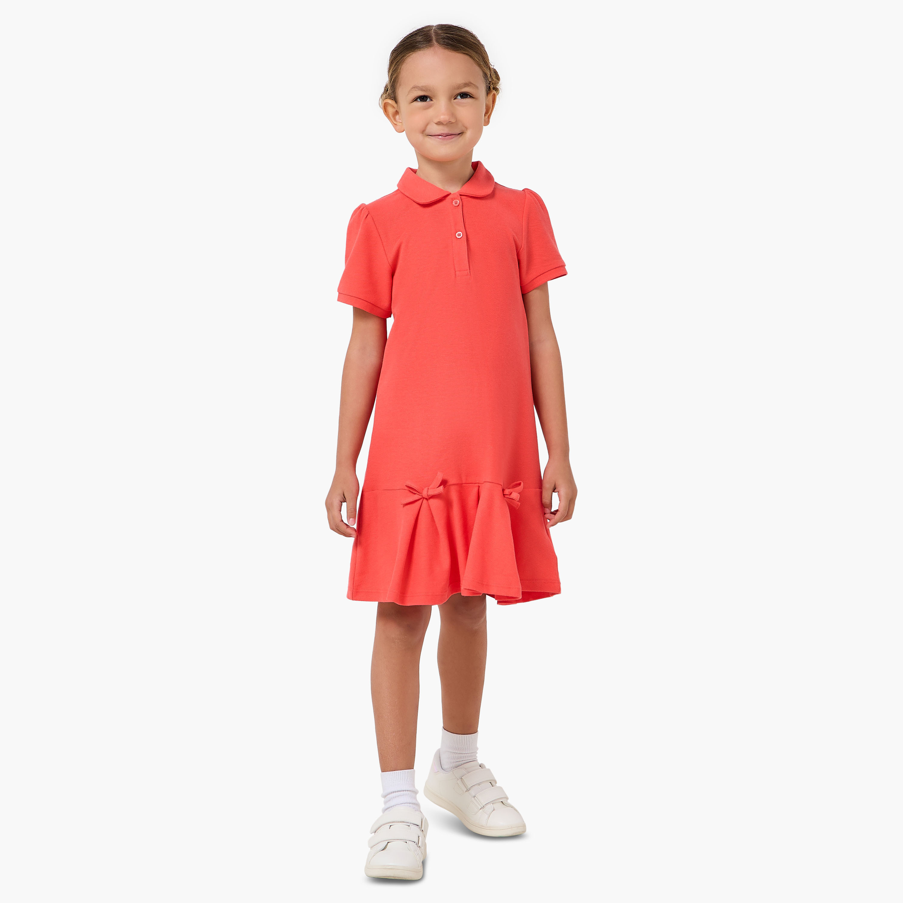Juniors Collared Short Sleeves Drop Waist Dress with Bow Accent-girls-clothing-dressesandjumpsuits-image-2