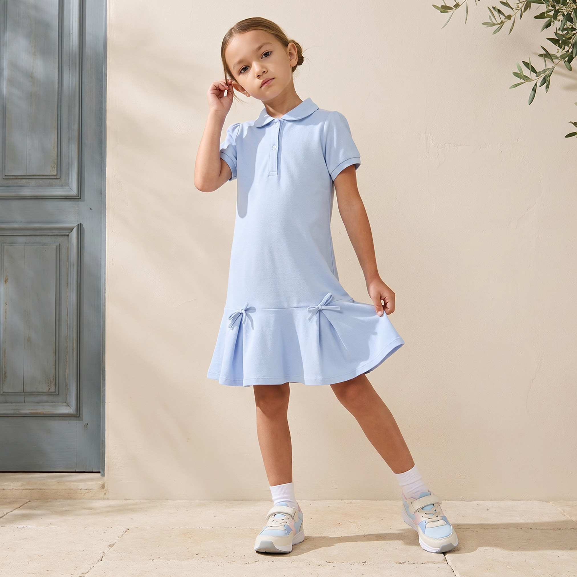 Juniors Collared Short Sleeves Polo Dress with Pleats-girls-clothing-dressesandjumpsuits-image-1
