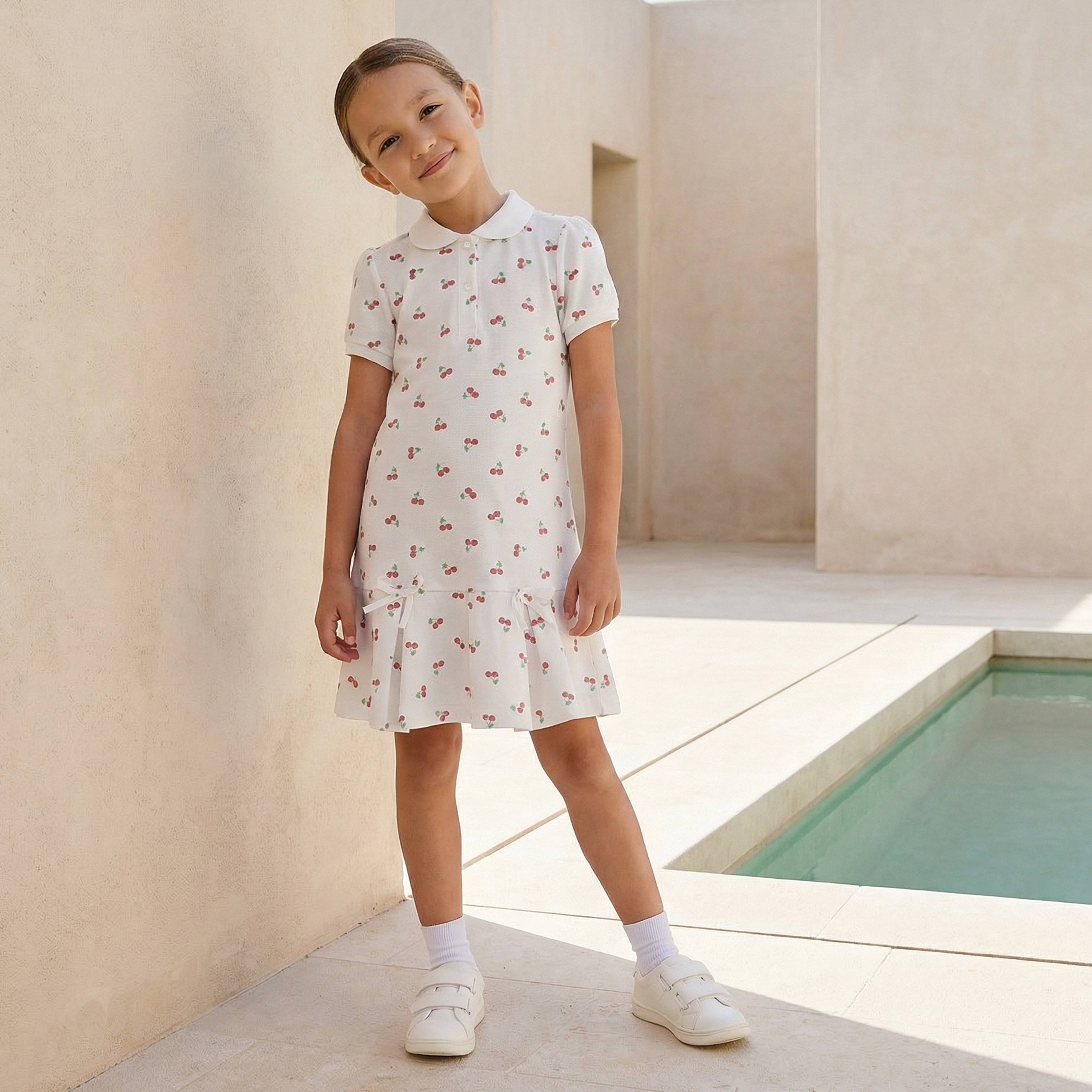 Juniors Collared Short Sleeves Drop Waist Dress with Cherry Print-girls-clothing-dressesandjumpsuits-image-1