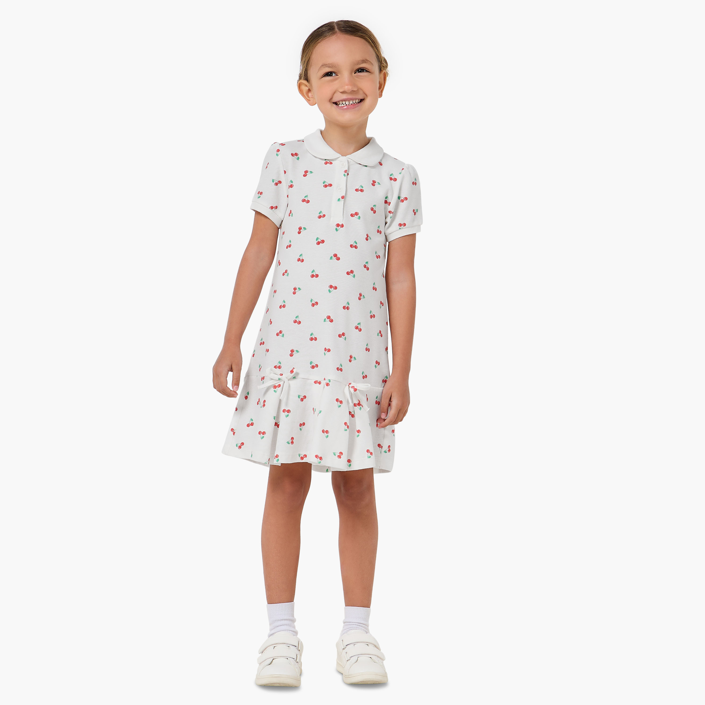 Juniors Collared Short Sleeves Drop Waist Dress with Cherry Print-girls-clothing-dressesandjumpsuits-image-2