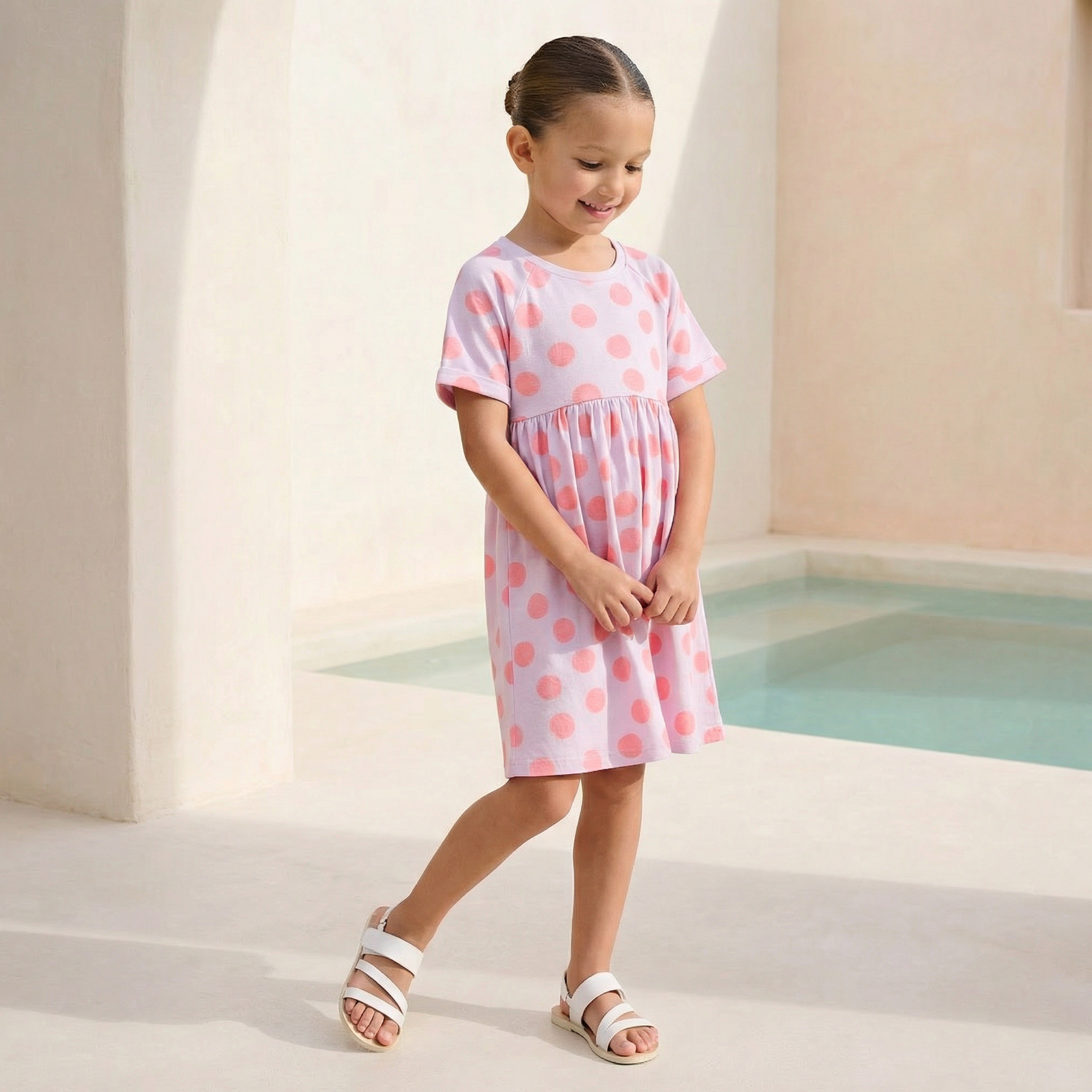 Juniors Round Neck Short Sleeves Knee Length A-line Dress with Polka Dot Print-girls-clothing-dressesandjumpsuits-image-1