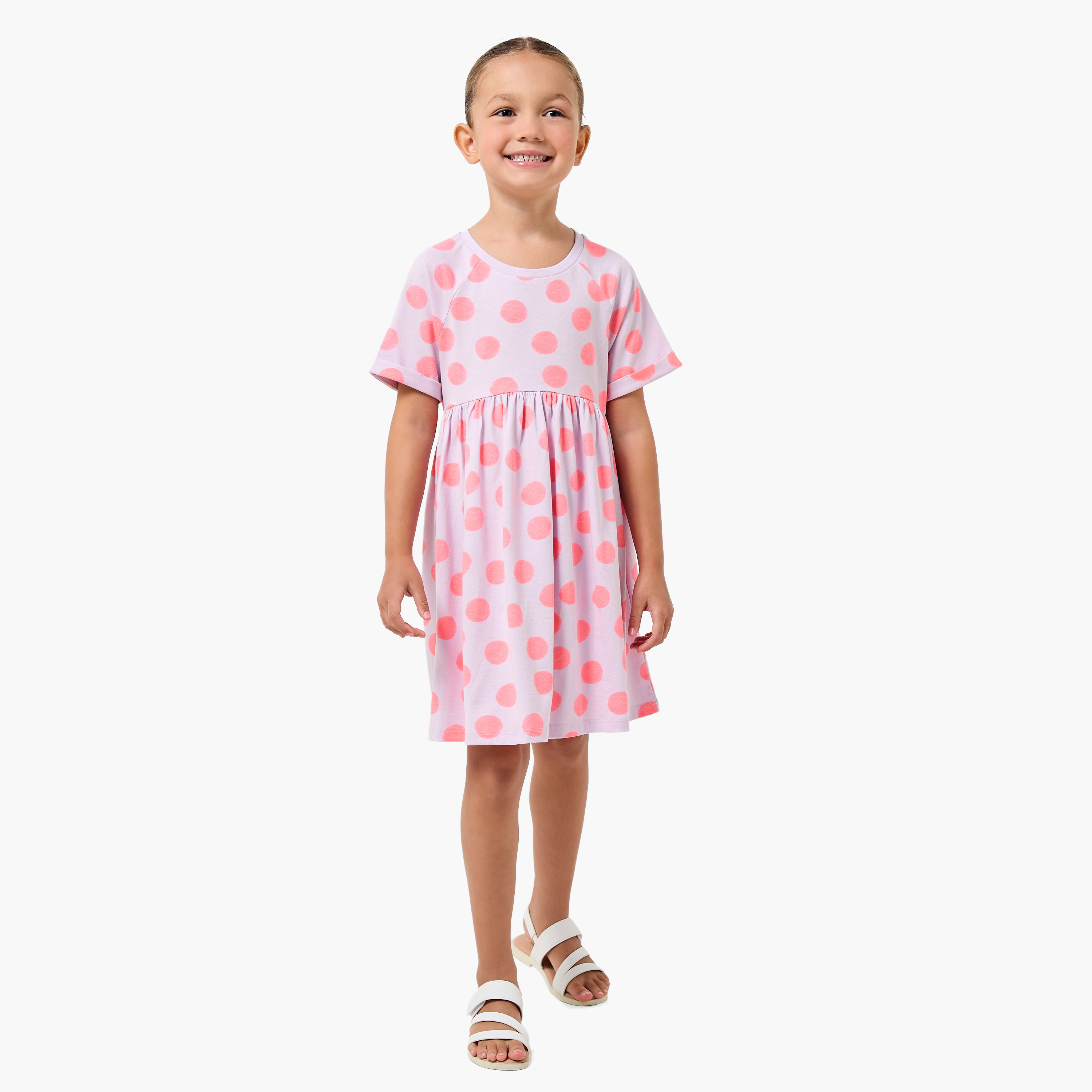 Juniors Round Neck Short Sleeves Knee Length A-line Dress with Polka Dot Print-girls-clothing-dressesandjumpsuits-image-2