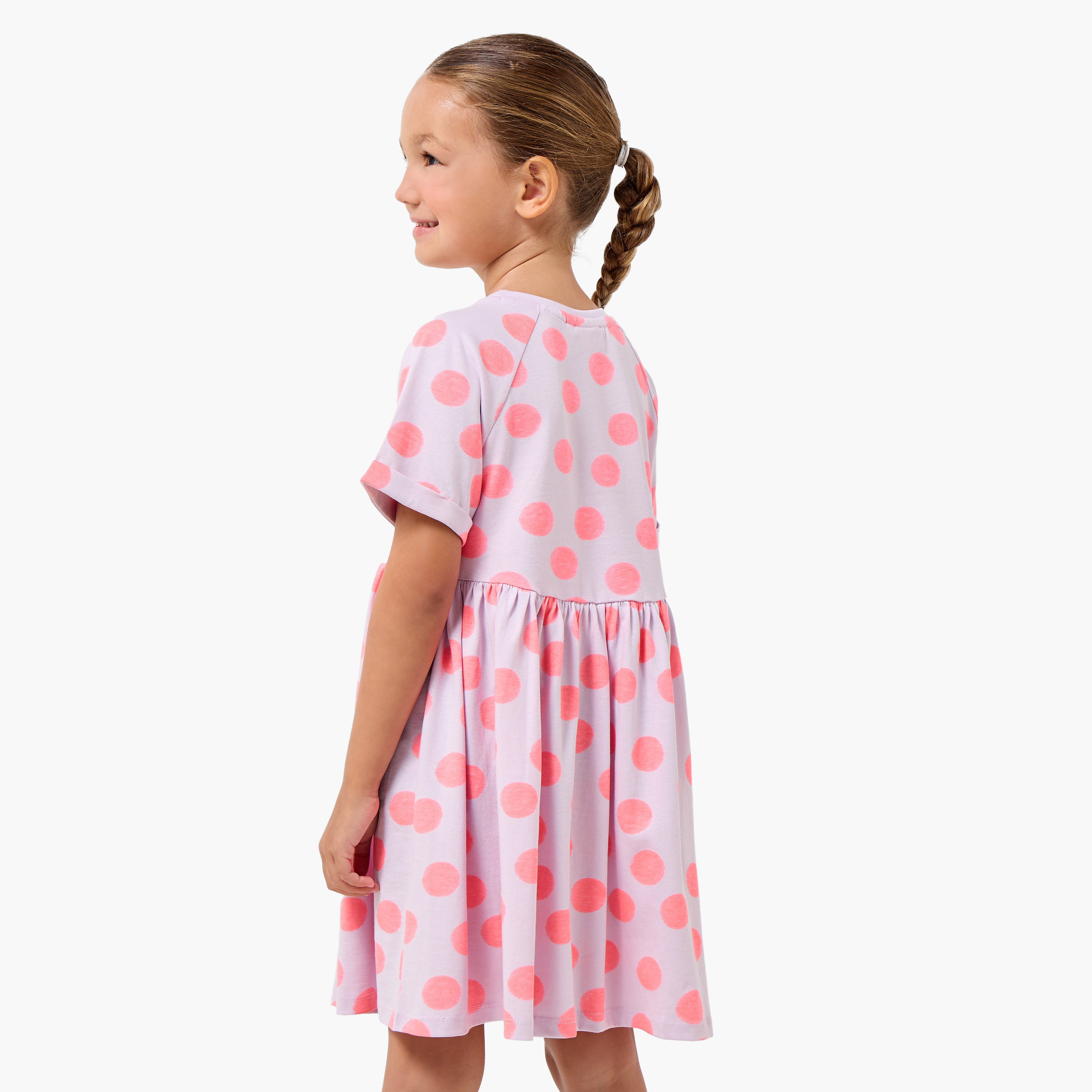 Juniors Round Neck Short Sleeves Knee Length A-line Dress with Polka Dot Print-girls-clothing-dressesandjumpsuits-image-3