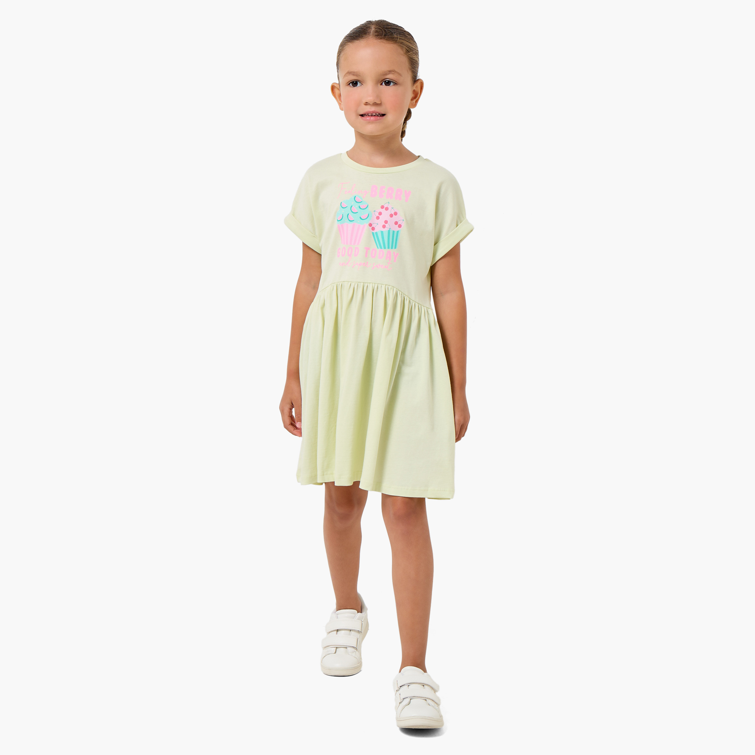 فستان إيه لاين طول الركبة بياقة مستديرة وأكمام قصيرة وطبعات من جونيورز-girls-clothing-dressesandjumpsuits-image-2