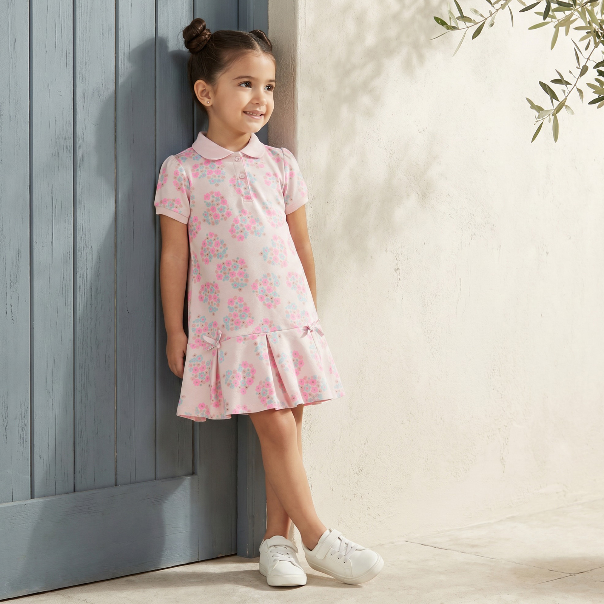 Juniors Peter Pan Collar Short Sleeves Polo Dress with Floral Print-girls-clothing-dressesandjumpsuits-image-1