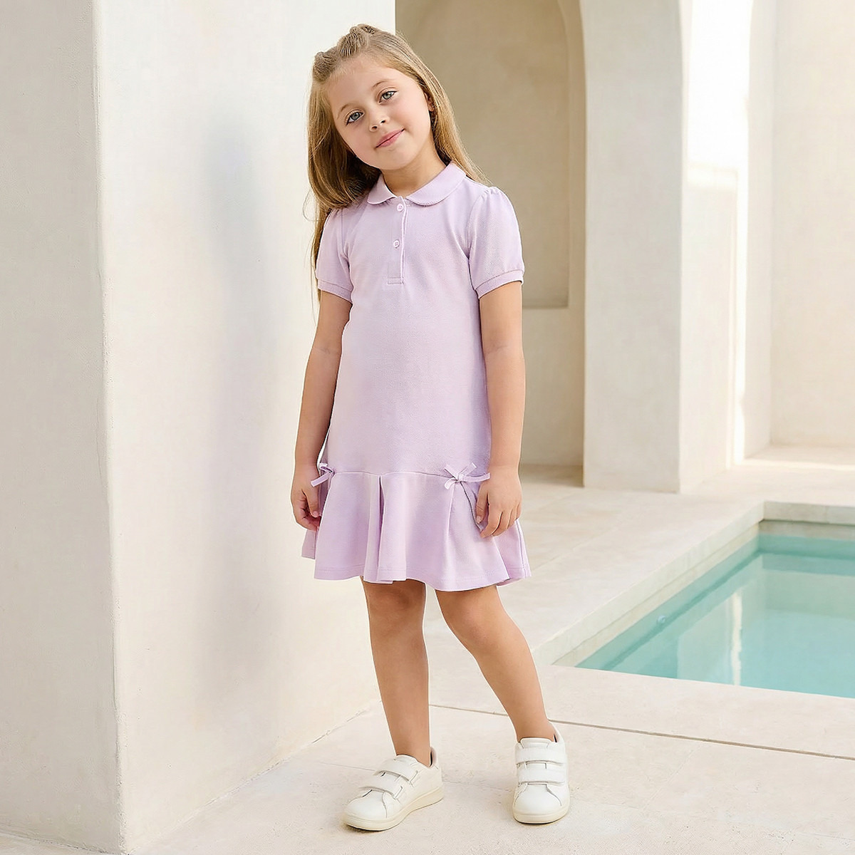 فستان بولو بزينة فيونكة وأكمام قصيرة وياقة بيتر بان من إليجو-girls-clothing-dressesandjumpsuits-image-5
