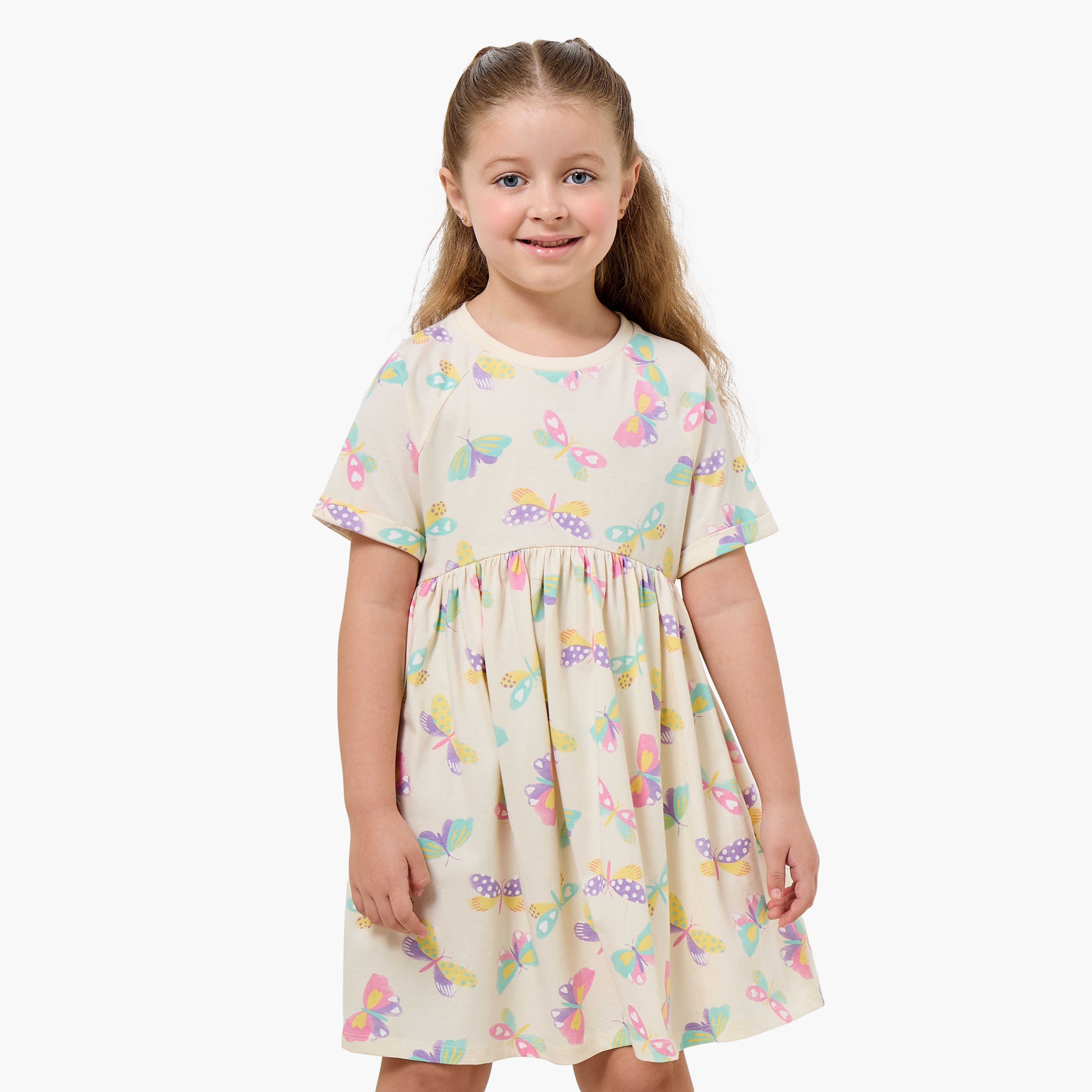 Juniors Round Neck Short Sleeves Knee Length A-line Dress with Butterfly Print-girls-clothing-dressesandjumpsuits-image-1