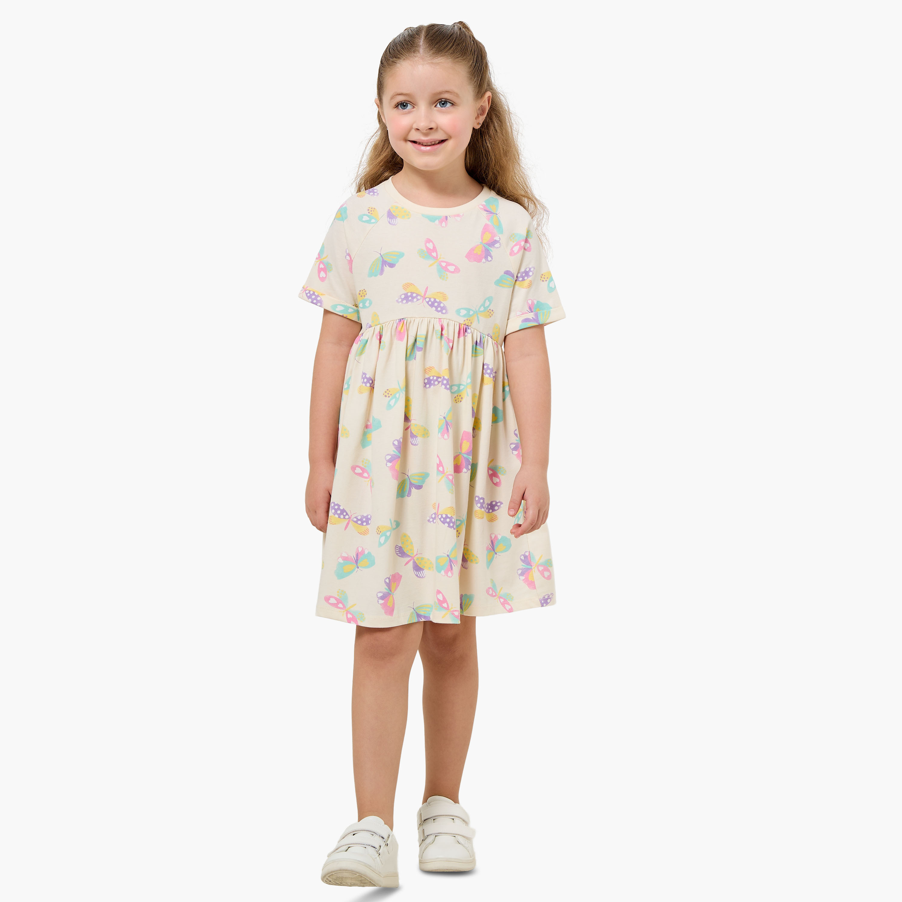 Juniors Round Neck Short Sleeves Knee Length A-line Dress with Butterfly Print-girls-clothing-dressesandjumpsuits-image-2