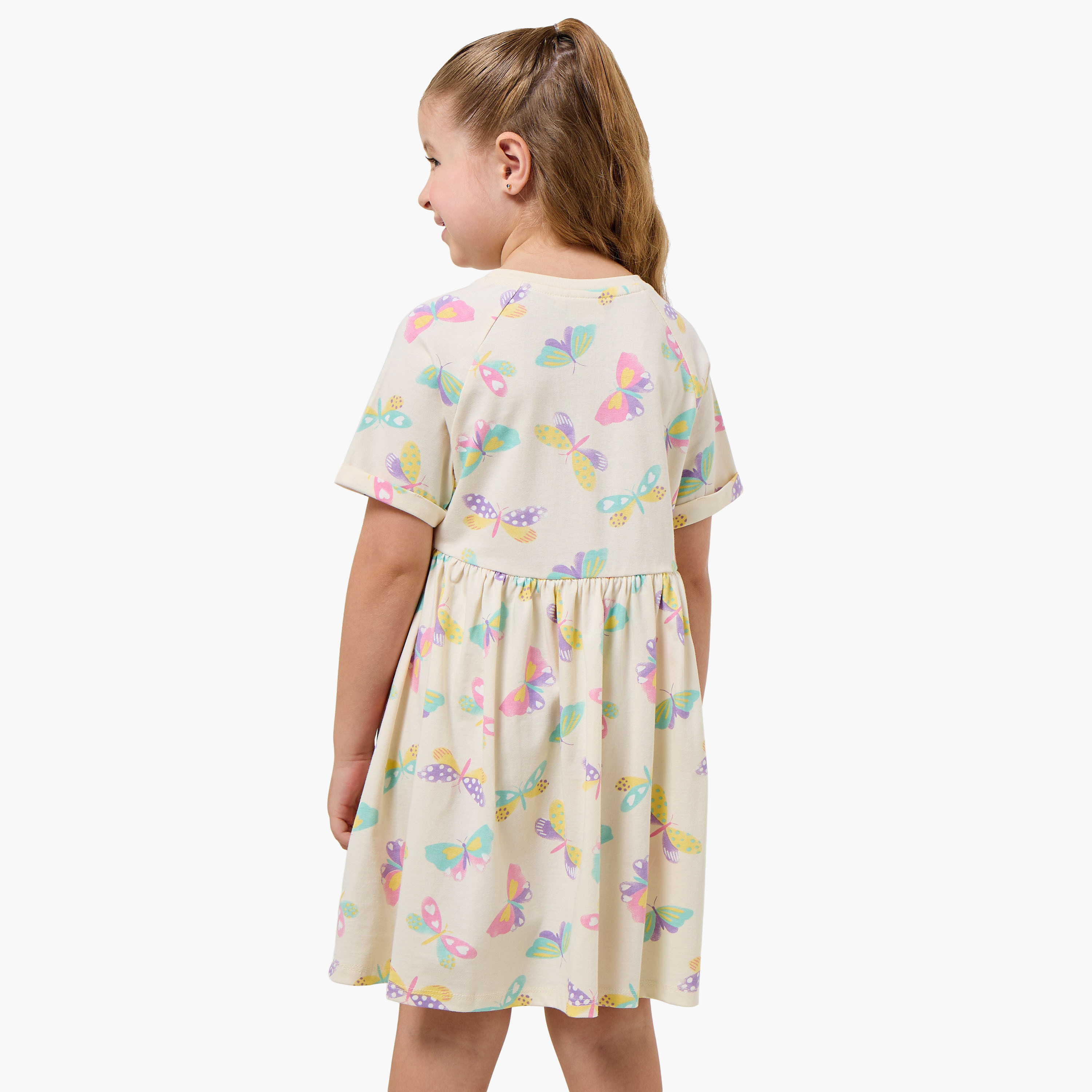 Juniors Round Neck Short Sleeves Knee Length A-line Dress with Butterfly Print-girls-clothing-dressesandjumpsuits-image-3