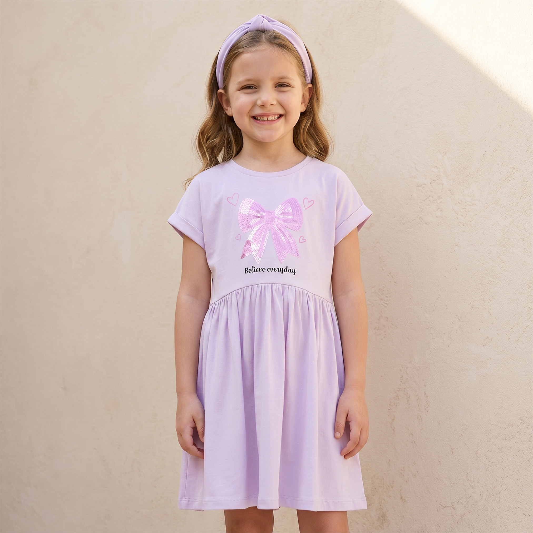 Juniors Round Neck Short Sleeves Knee Length A-line Dress with Bow Print-girls-clothing-dressesandjumpsuits-image-1