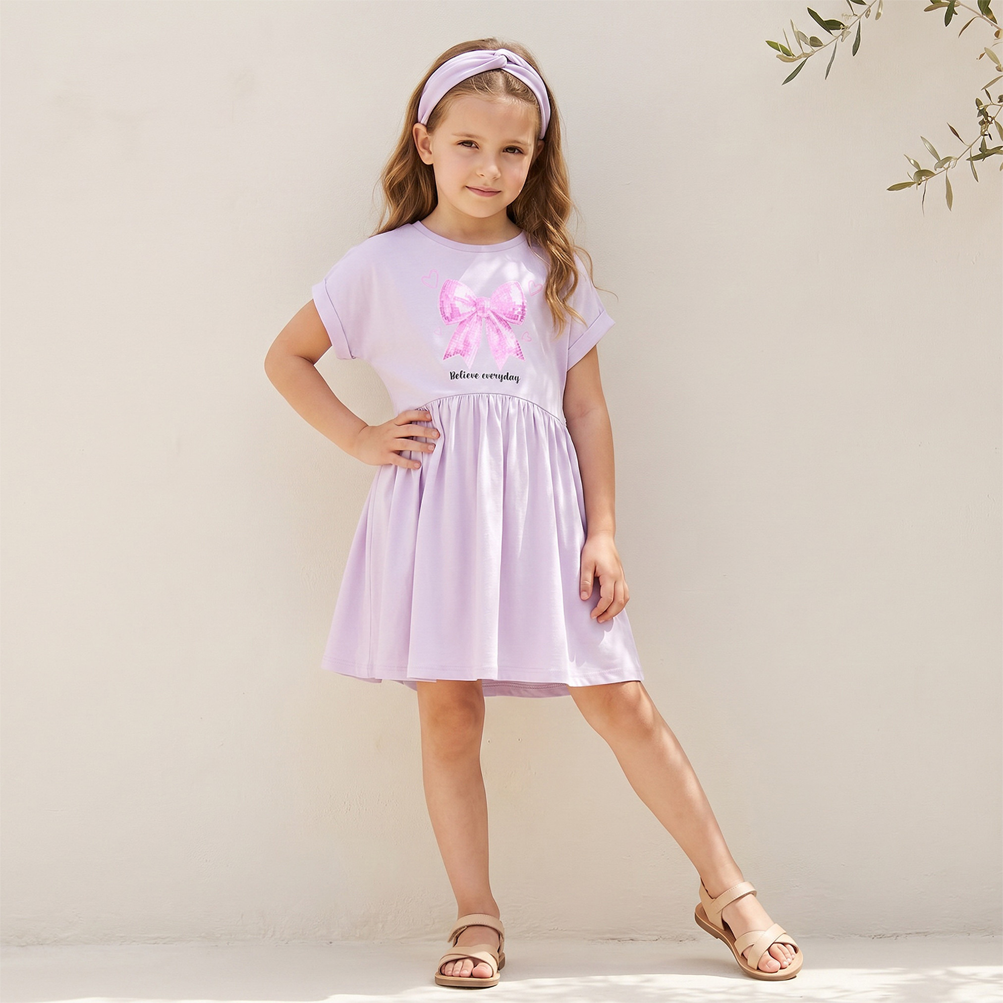 Juniors Round Neck Short Sleeves Knee Length A-line Dress with Bow Print-girls-clothing-dressesandjumpsuits-image-2