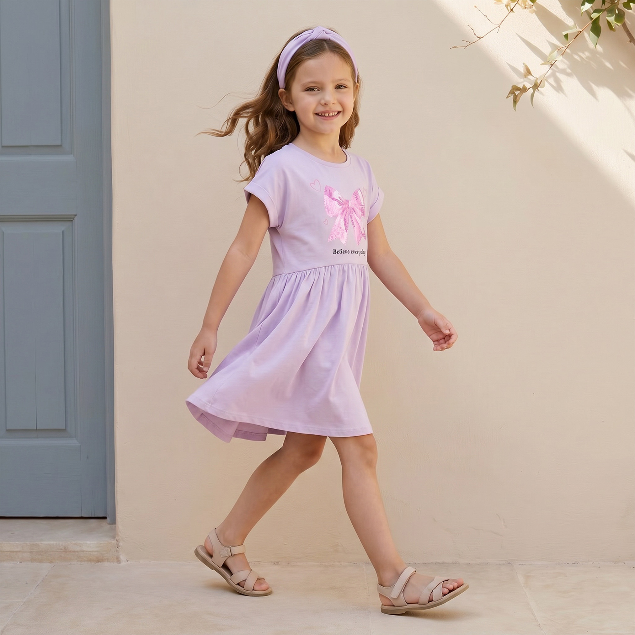 Juniors Round Neck Short Sleeves Knee Length A-line Dress with Bow Print-girls-clothing-dressesandjumpsuits-image-5
