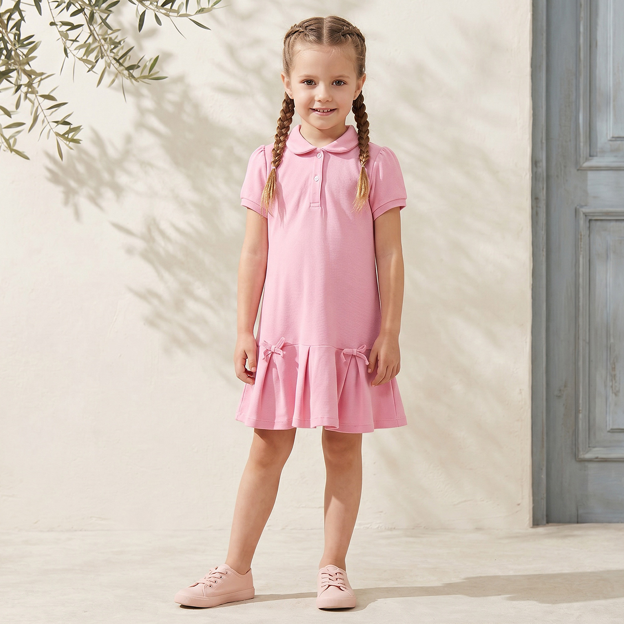 Juniors Collared Short Sleeves Knee Length Polo Dress with Bow Accent-girls-clothing-dressesandjumpsuits-image-1