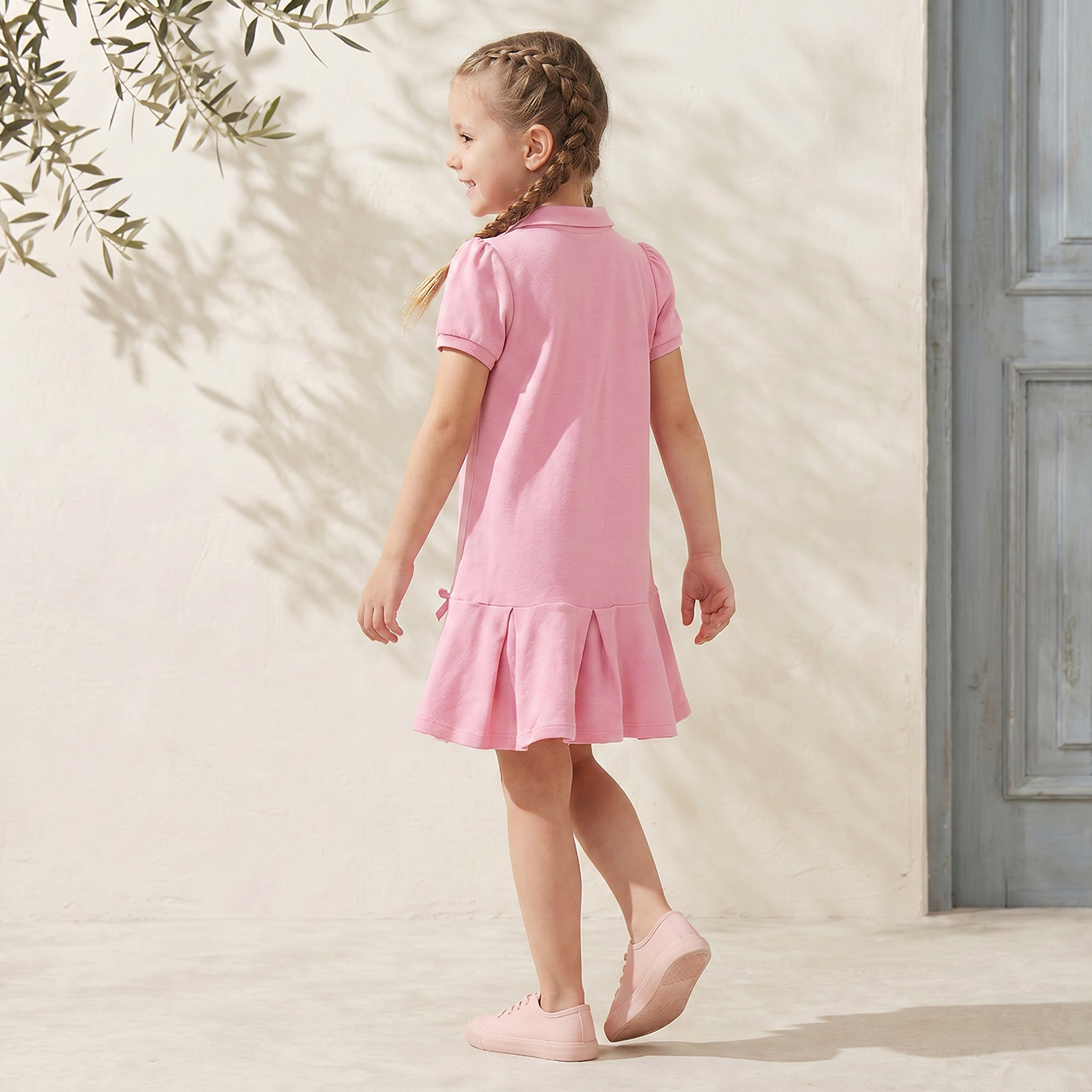 Juniors Collared Short Sleeves Knee Length Polo Dress with Bow Accent-girls-clothing-dressesandjumpsuits-image-2