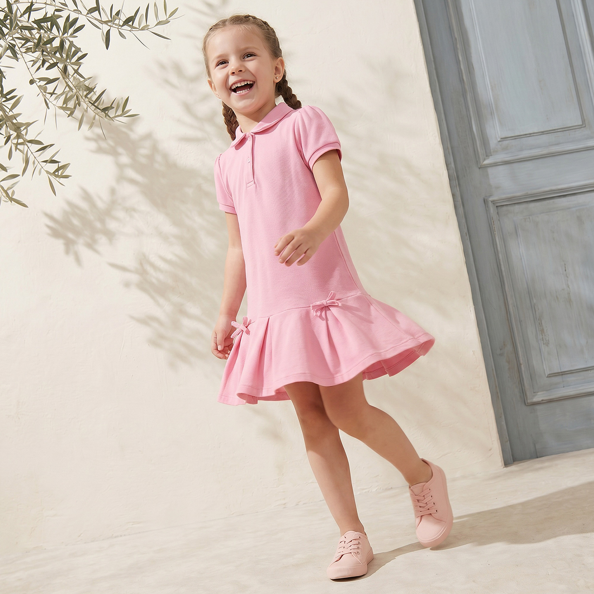 Juniors Collared Short Sleeves Knee Length Polo Dress with Bow Accent-girls-clothing-dressesandjumpsuits-image-4
