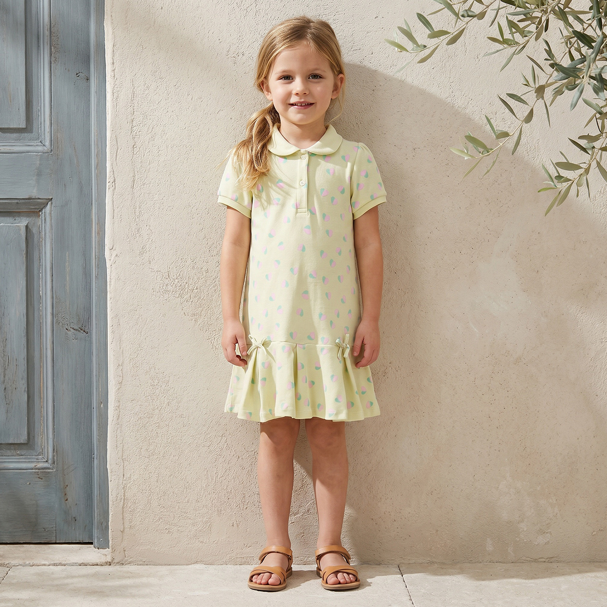 Juniors Collared Short Sleeves Knee Length Drop Waist Dress with Heart Print-girls-clothing-dressesandjumpsuits-image-1