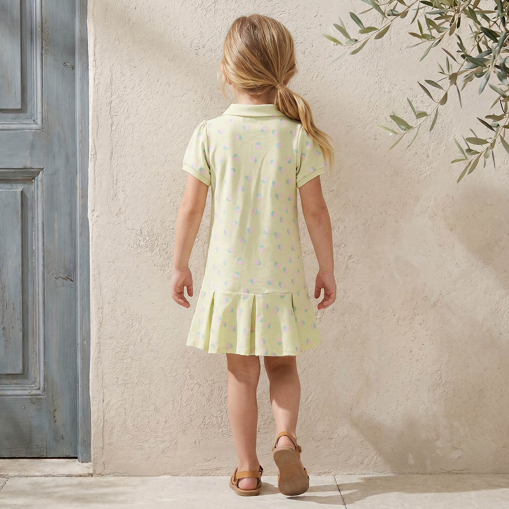 Juniors Collared Short Sleeves Knee Length Drop Waist Dress with Heart Print-girls-clothing-dressesandjumpsuits-image-2