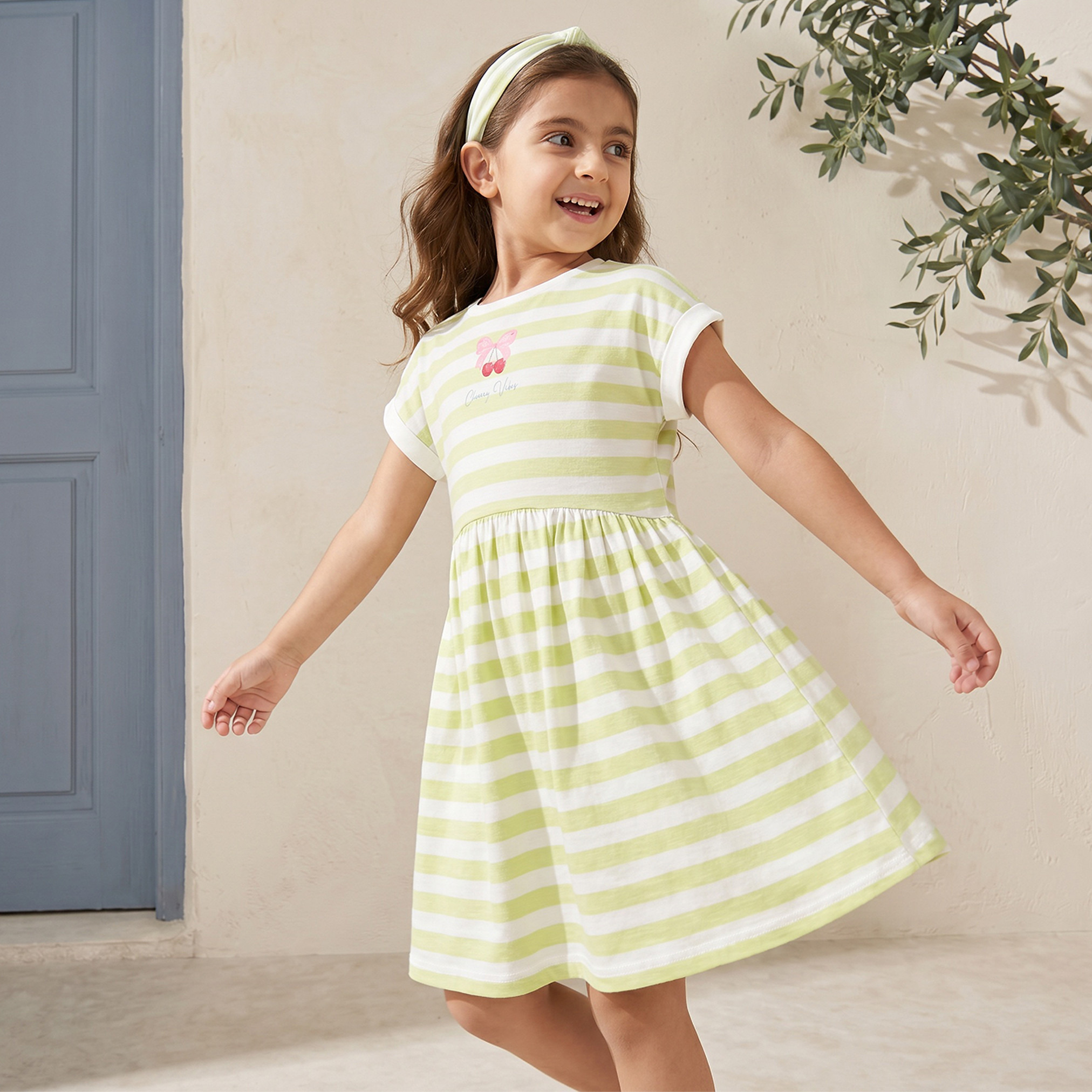 Juniors Crew Neck Short Sleeves Knee Length A-line Dress with Stripes-girls-clothing-dressesandjumpsuits-image-1