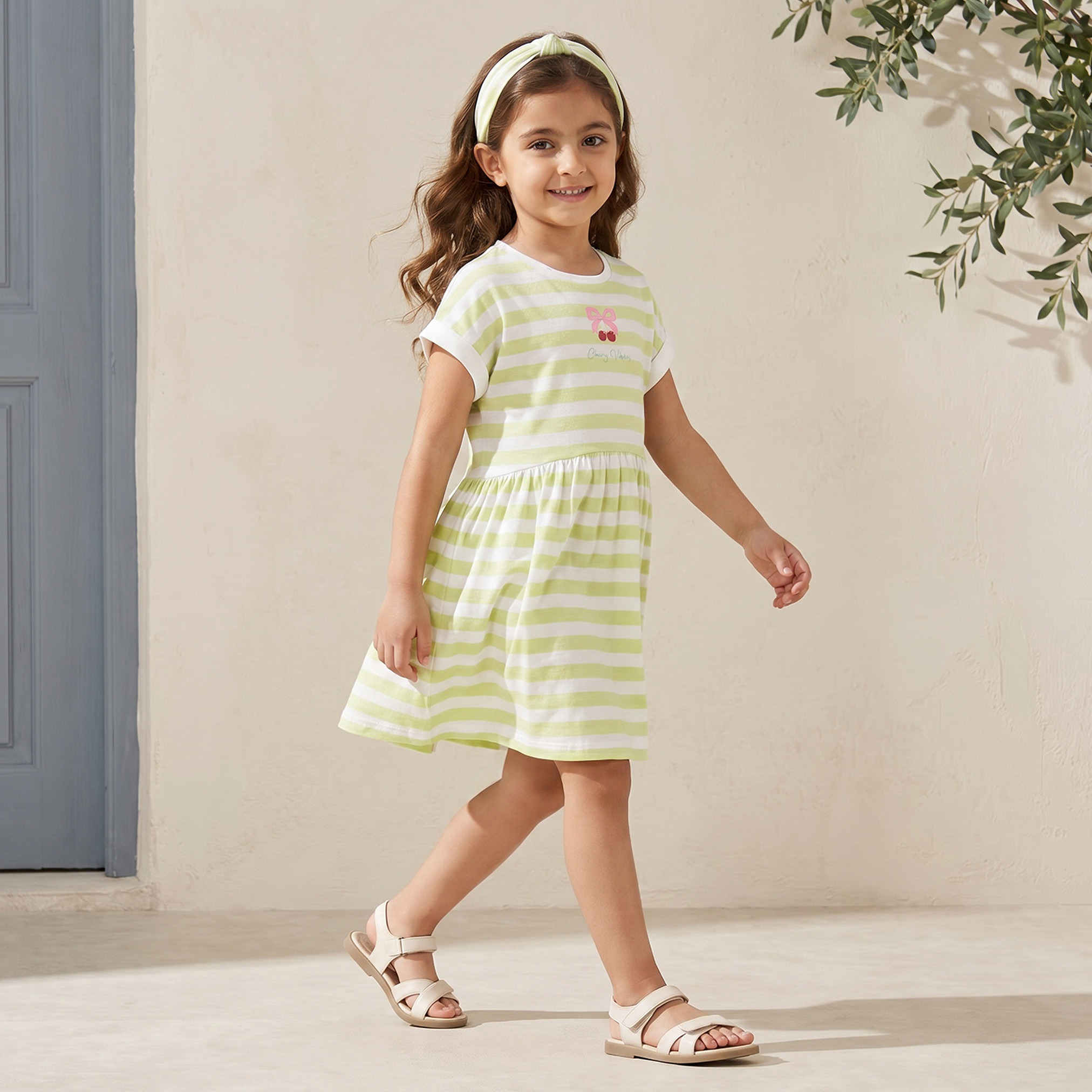 Juniors Crew Neck Short Sleeves Knee Length A-line Dress with Stripes-girls-clothing-dressesandjumpsuits-image-2