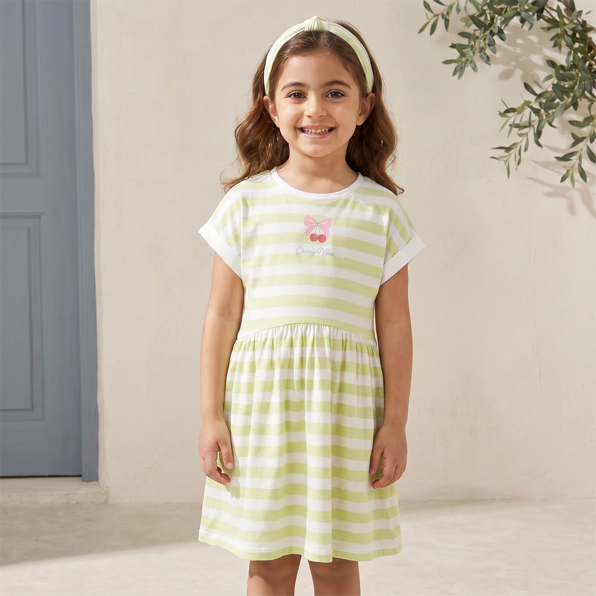 Juniors Crew Neck Short Sleeves Knee Length A-line Dress with Stripes-girls-clothing-dressesandjumpsuits-image-5